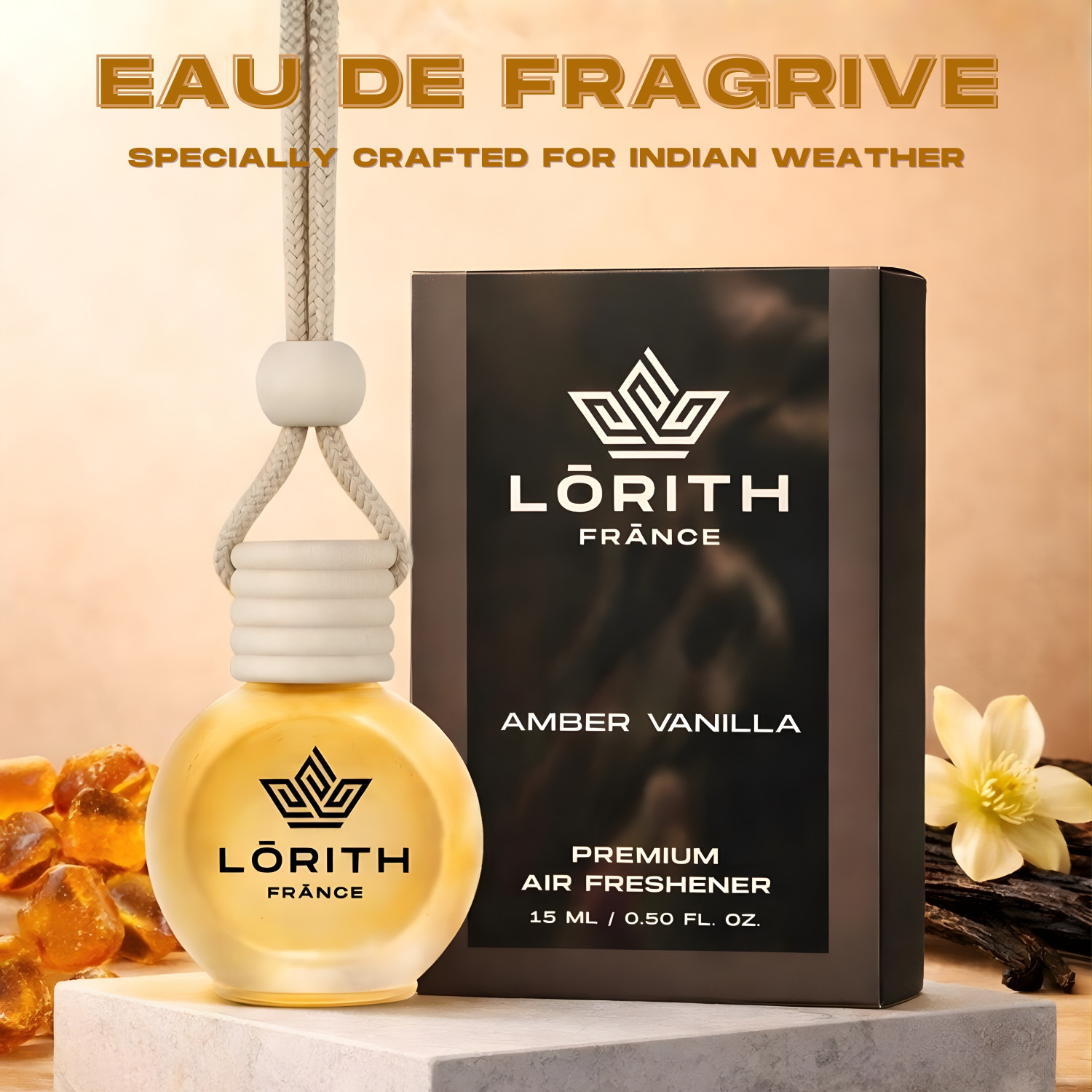 Image of Lorith France Amber Vanilla Car Freshener Diffuser Car Perfume Combo Best Pack of 1 Premium Hanging Car Air Freshener (Amber Vanilla) (15ML) Long Lasting Natural Essential Oil Glass Bottle Car Accessories