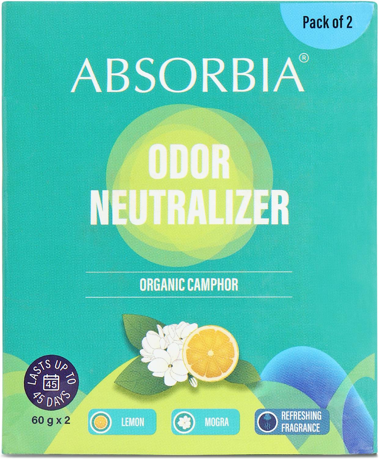 ABSORBIA lemon, Mogra Blocks Camphor 60g X 2 Air freshener in Unique Diamond Shape for equal dispersion- with fragrance Mogra and Lemon