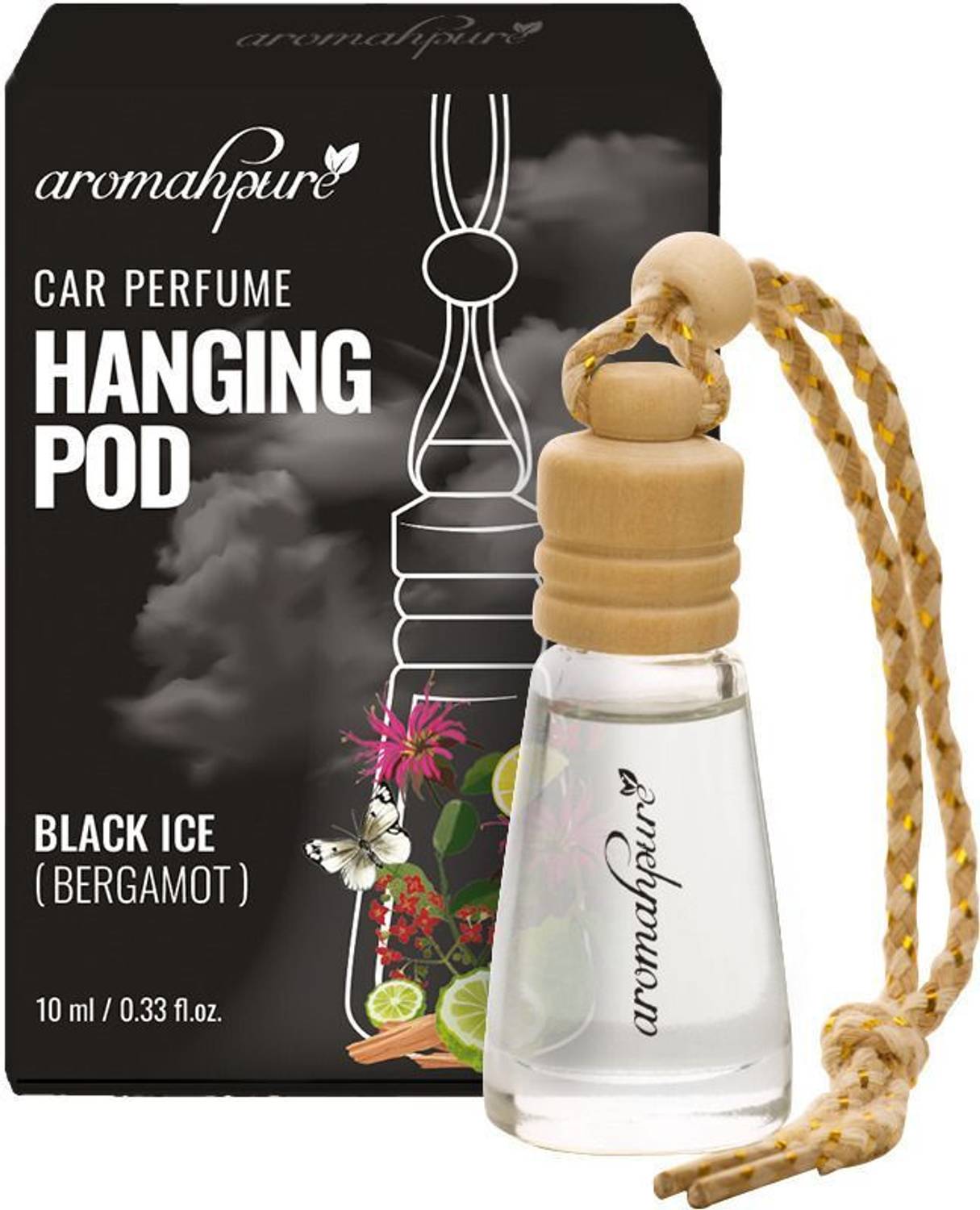Aromahpure Black Ice Car Freshener Diffuser Long Pod| Natural Fragrance Oils in Glass Bottle with Wooden Diffuser Lid