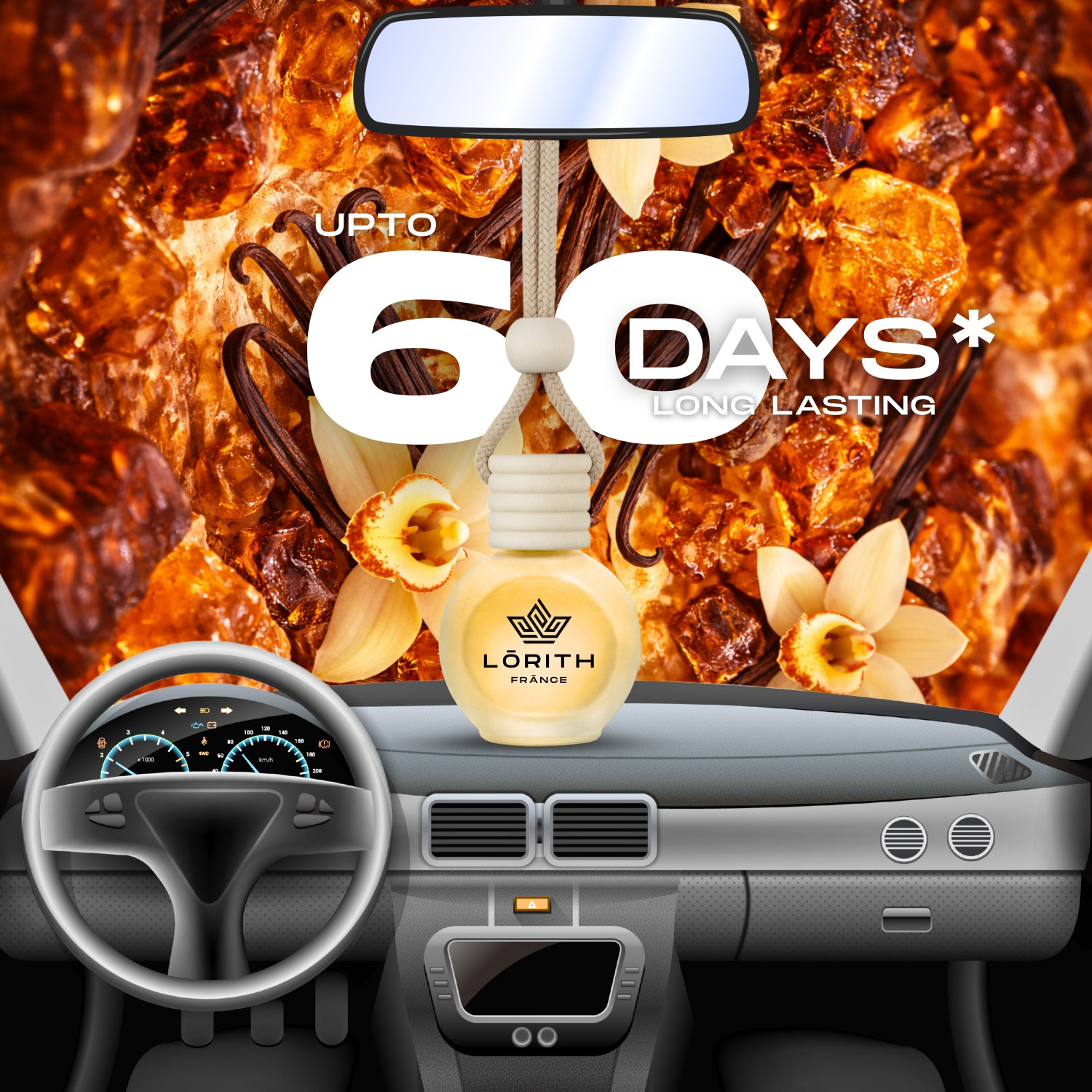 Image of Lorith France Amber Vanilla Car Freshener Diffuser Car Perfume Combo Best Pack of 1 Premium Hanging Car Air Freshener (Amber Vanilla) (15ML) Long Lasting Natural Essential Oil Glass Bottle Car Accessories