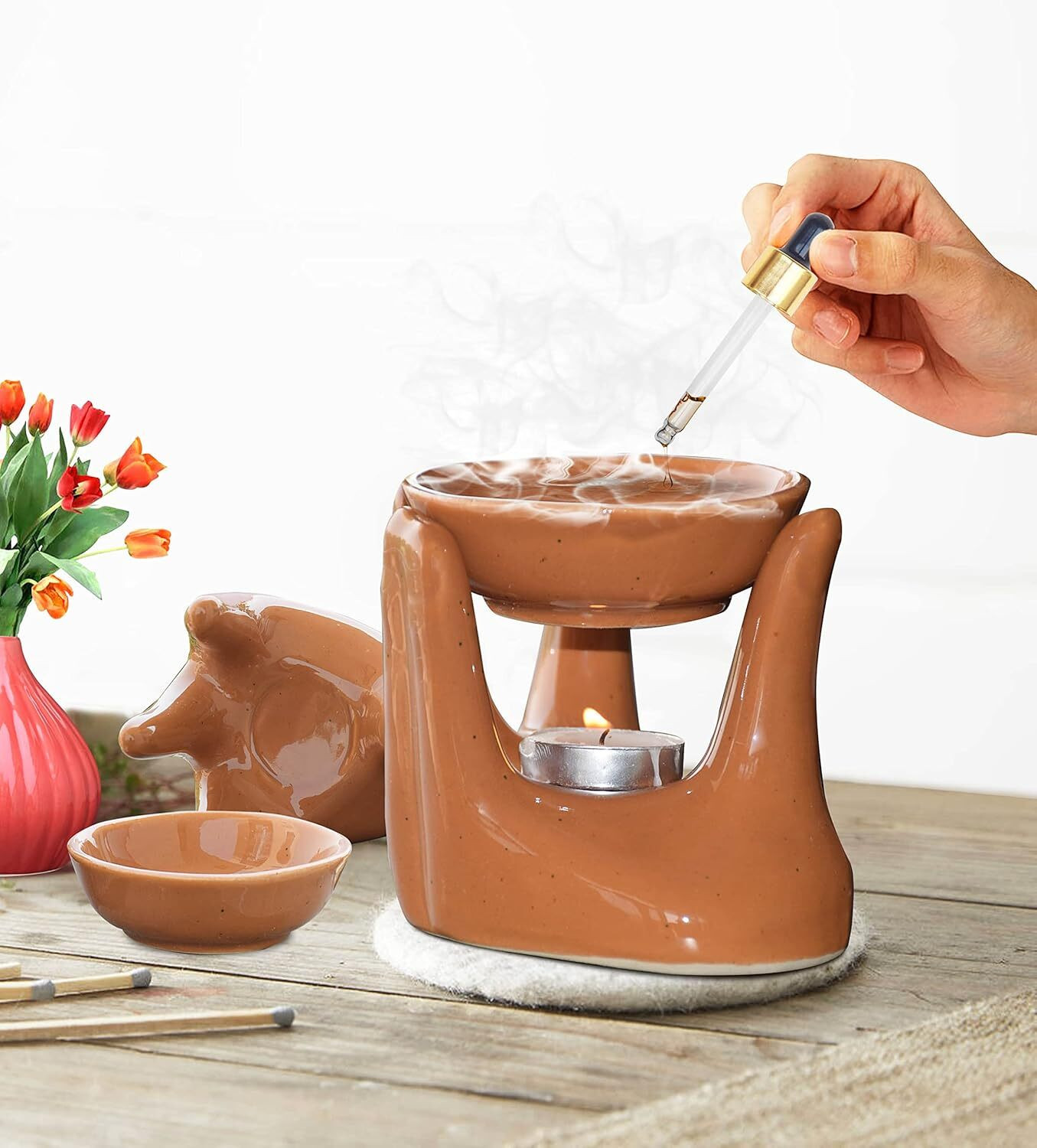Image of LANDSLIDE Ceramic Hand Type Aroma, Burner with 1 Tea Light, Candle, Orange 4.25 Inch Diffuser Set PSI-HANDTYPE-ORANGE-FC