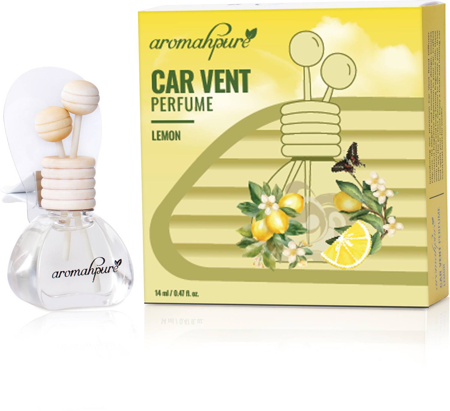 Aromahpure Lemon Car Freshener Diffuser Vent Pod | Natural Fragrance Oil in Glass Bottle with Wooden Reed Sticks