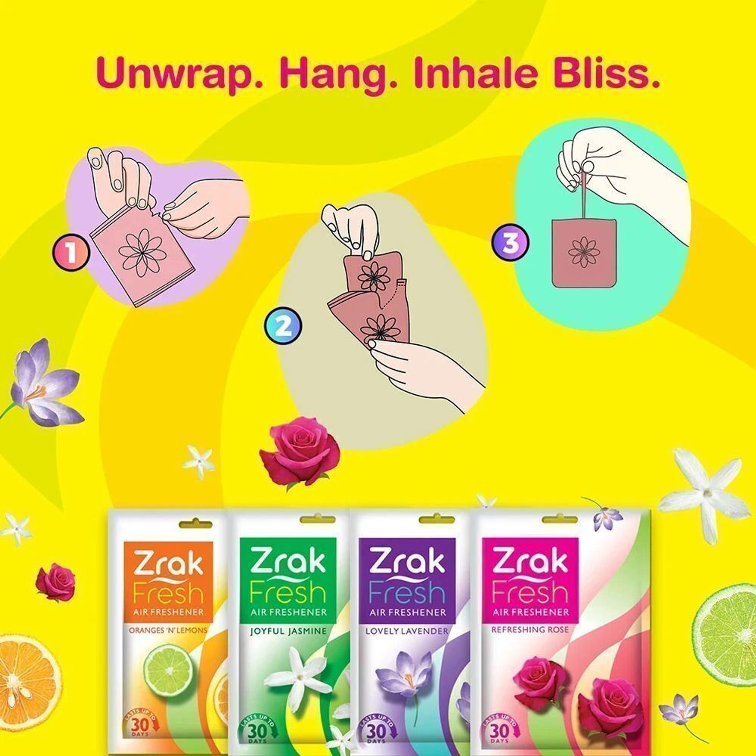 Image of Zrak Fresh (Oranges'N'Lemons, Lovely Lavender, Refreshing Rose, Joyful Jasmine) Blocks Pocket Air Freshener