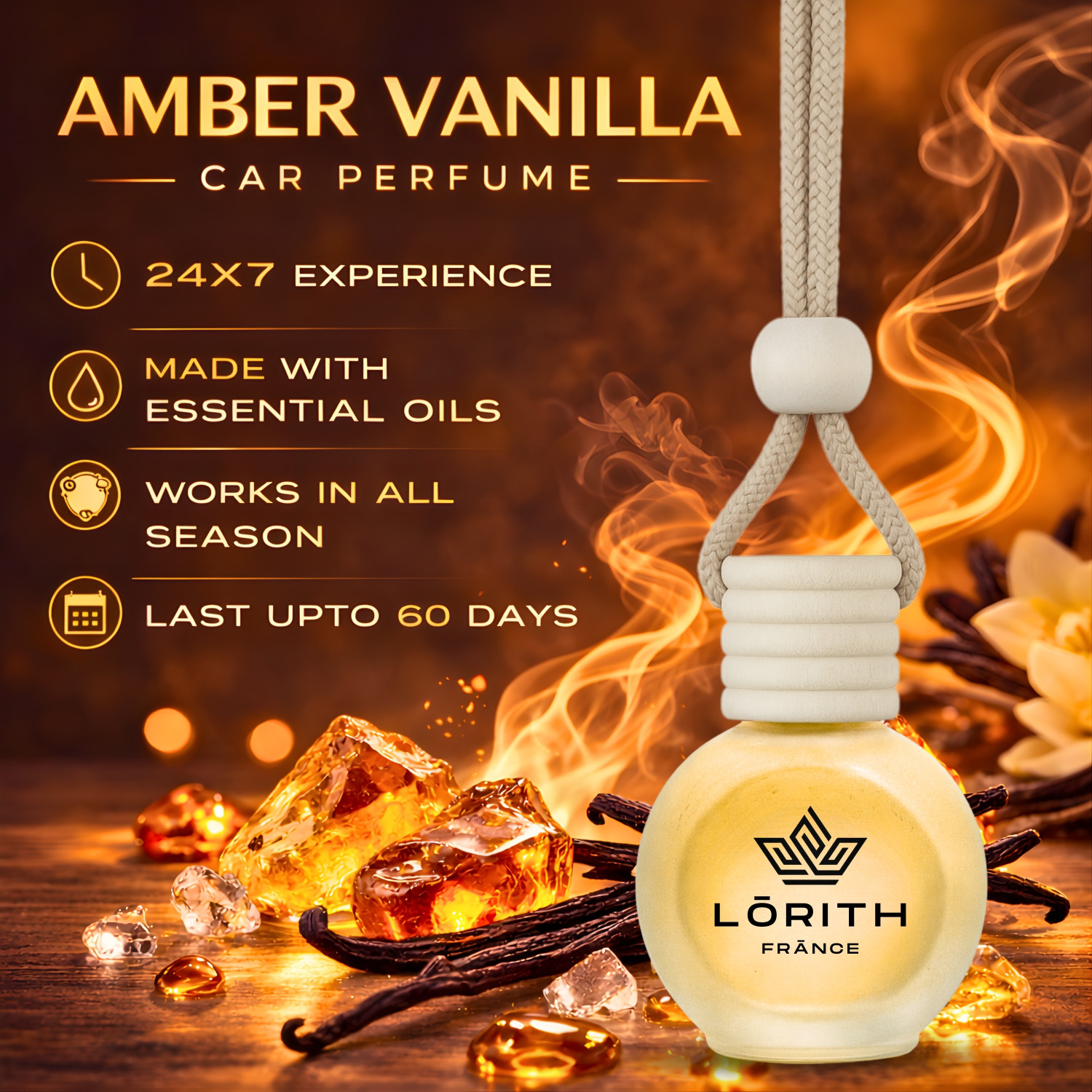 Image of Lorith France Amber Vanilla Car Freshener Diffuser Car Perfume Combo Best Pack of 1 Premium Hanging Car Air Freshener (Amber Vanilla) (15ML) Long Lasting Natural Essential Oil Glass Bottle Car Accessories