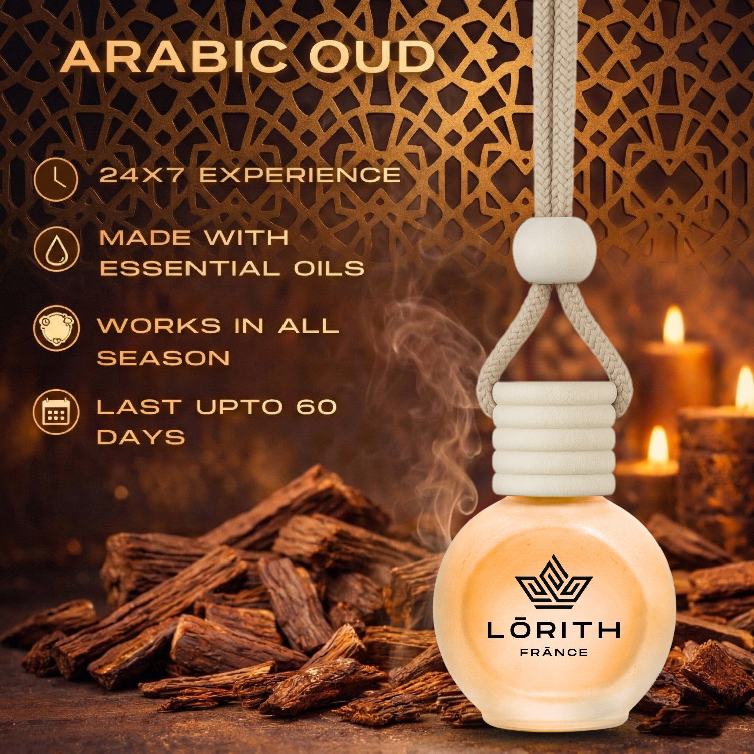 Image of Lorith France Arabic Oud Car Freshener Diffuser Car Perfume Combo Best Pack of 1 Premium Hanging Car Air Freshener (Arabic Oud) (15ML) Long Lasting Natural Essential Oil Glass Bottle Car Accessories
