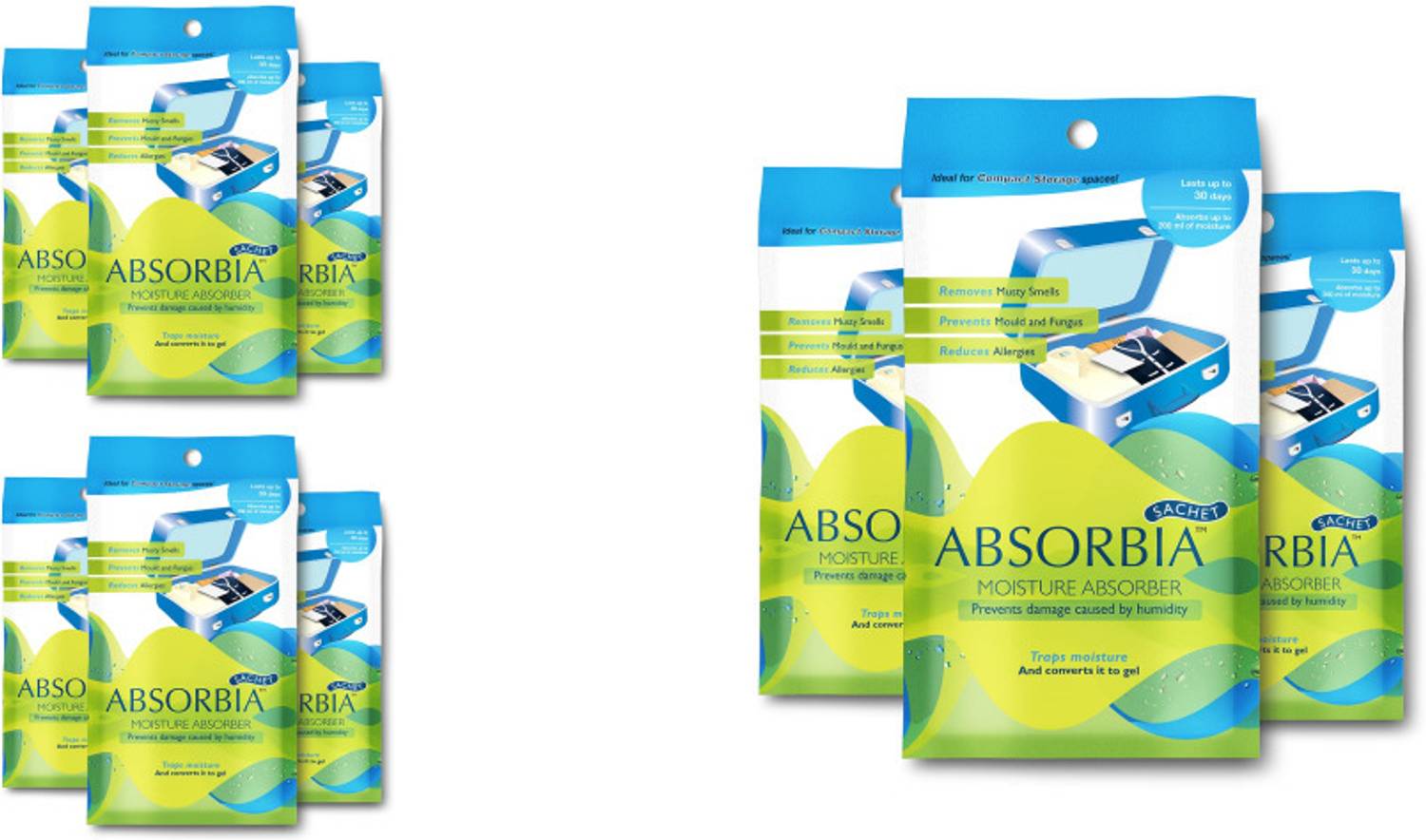 ABSORBIA Blocks Moisture Absorber Sachet - Pack of 6 (100g each) | Sachet - Pack of 3 (100g Each)|Dehumidifier for Wardrobe, Cupboards & Closets