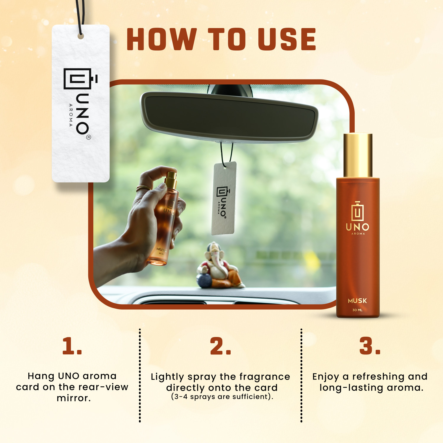 Image of UNO AROMA Musk Fragrance Car Freshener Spray Musk luxury car Perfume with Car with Hanging card, 200+ spray