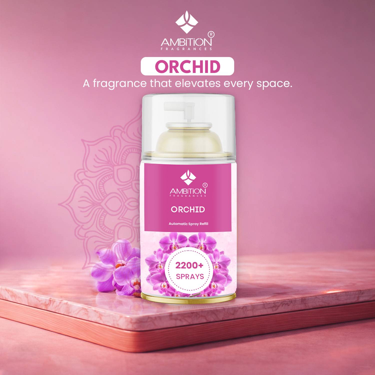 ambition Top Notes: Fresh green accords, Middle Notes: Exotic orchid, Base Notes: Creamy musk Automatic Spray 225 ml air freshener refill liquid bottle