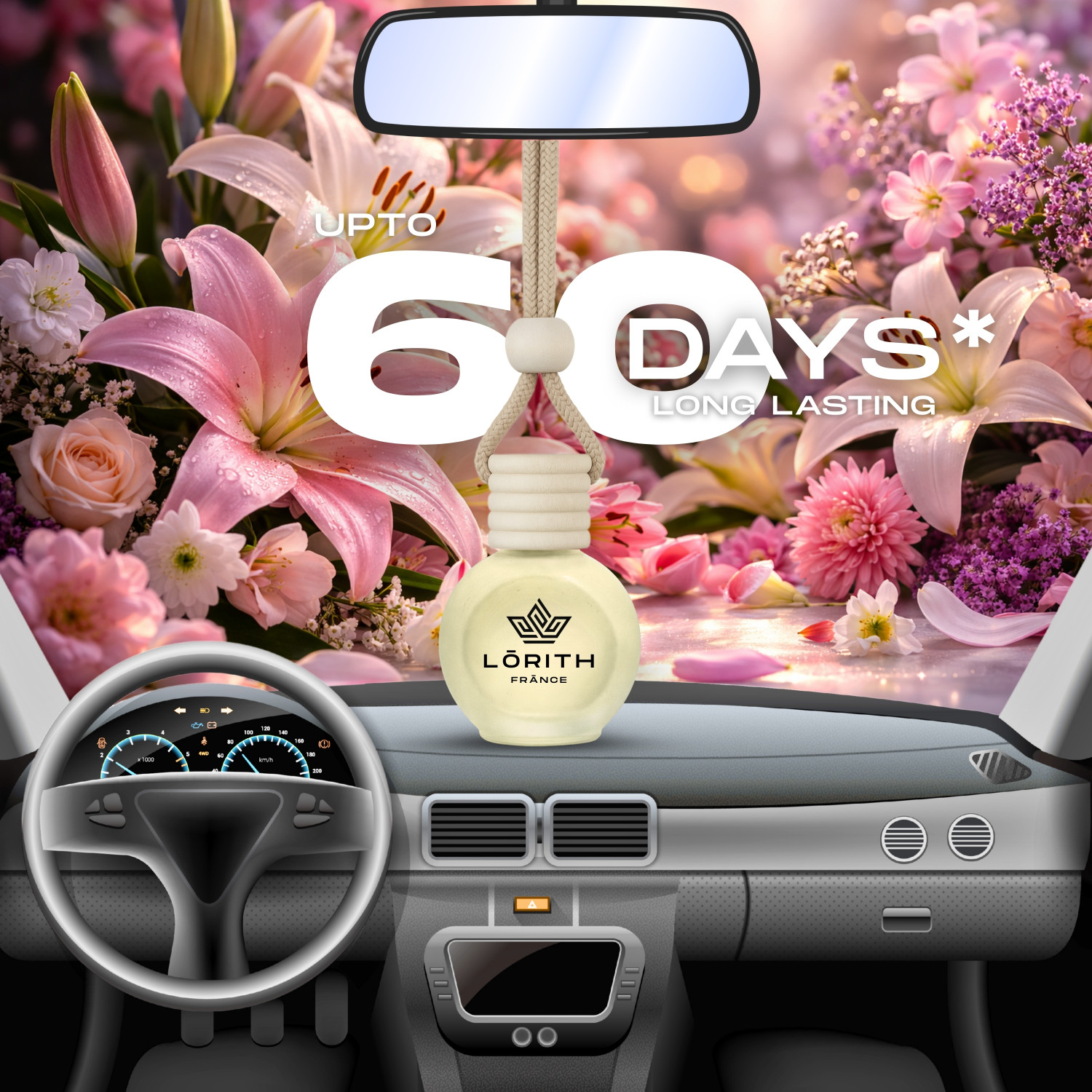 Image of Lorith France Lily Bloom Car Freshener Diffuser Car Perfume Combo Best Pack of 1 Premium Hanging Car Air Freshener (Lily Bloom) (15ML) Long Lasting Natural Essential Oil Glass Bottle Car Accessories