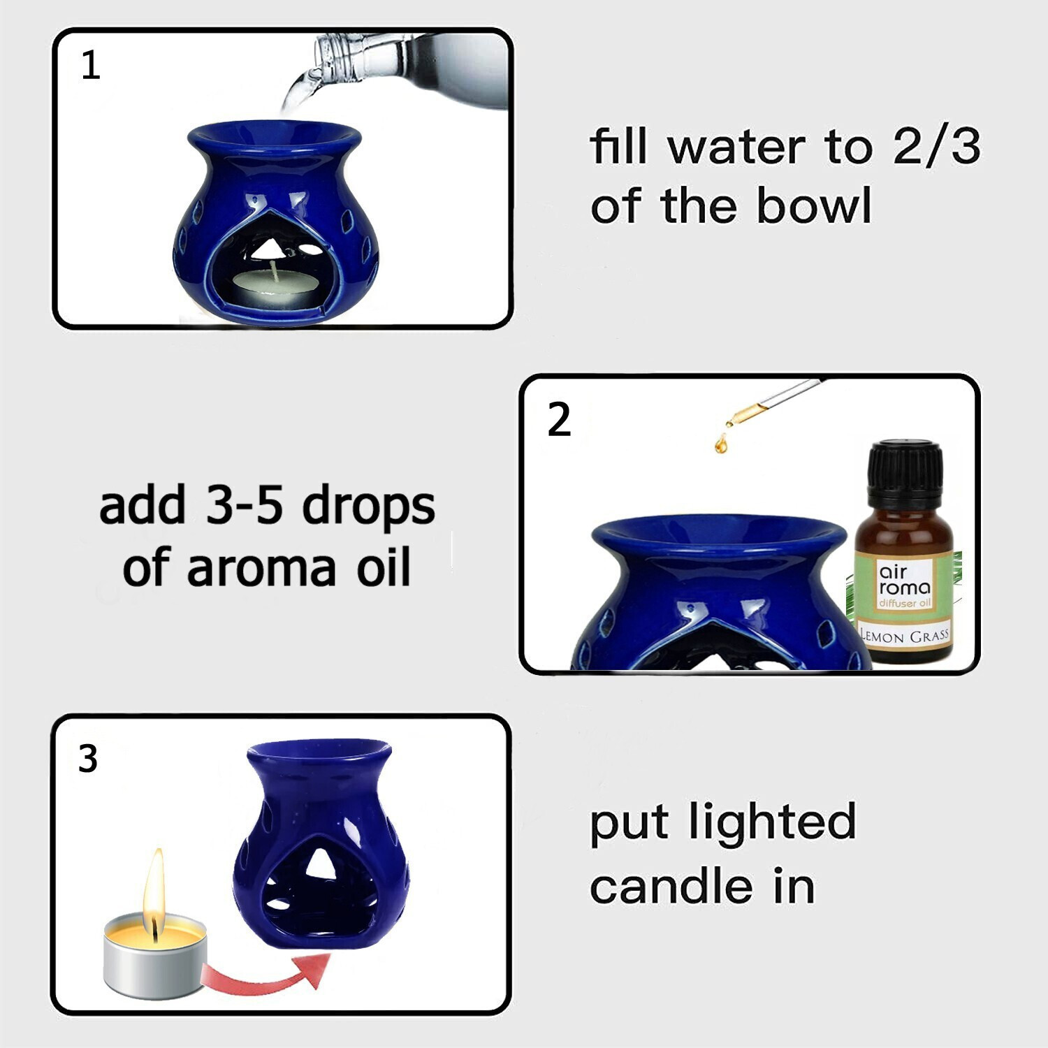 Image of Airroma Aroma Gift Set Oil Burner Aroma Diffuser Blue (Free 2 Tea Light Candles & 10 ml Lemon Grass Aroma Oil) Diffuser, Diffuser Set, Aroma Oil Aroma Gift Set Oil Burner Aroma Diffuser Blue (Free 2 Tea Light Candles & 10 ml Lemon Grass Aroma Oil)