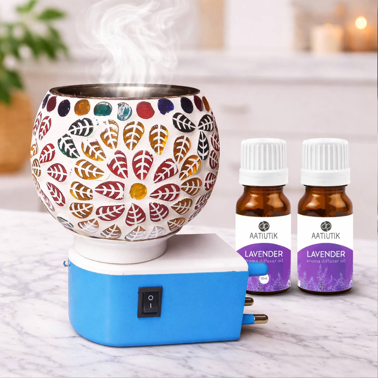 Aatiutik Lavender Fragrance Room Freshener Night Lamp with On/Off Switch Diffuser Set Electric Kapoor Dani Camphor Diffuser with Aroma Oil | Ceramic Essential Oil Burner with Steel Bowl on top | Plug-in Fragrance Diffuser for Home, Office & SPA, Hotel
