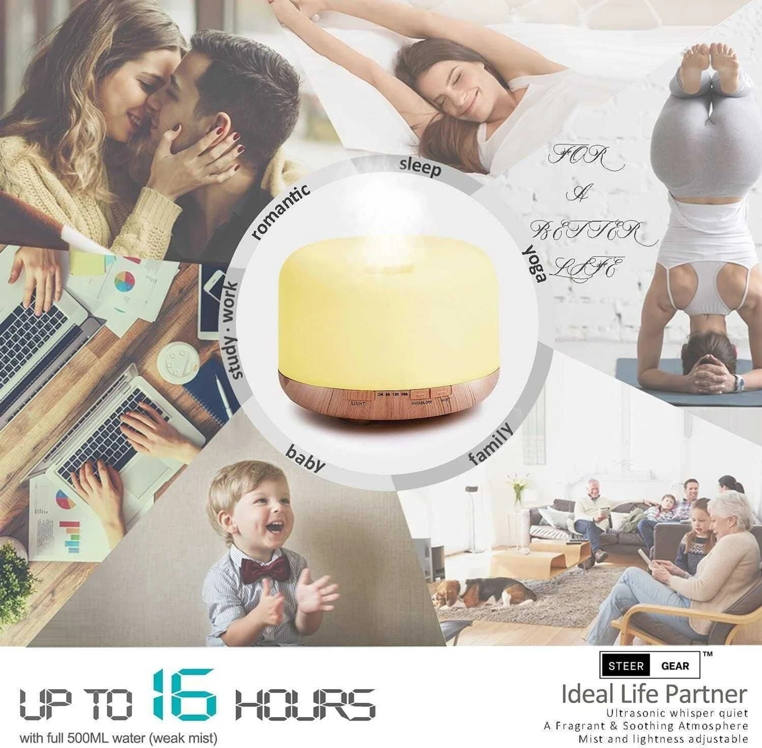 Image of SteerGear Aroma Diffuser-White Diffuser Set Aroma Diffuser with 7 Colors LED Essential Oil Humidifier (500 ml)
