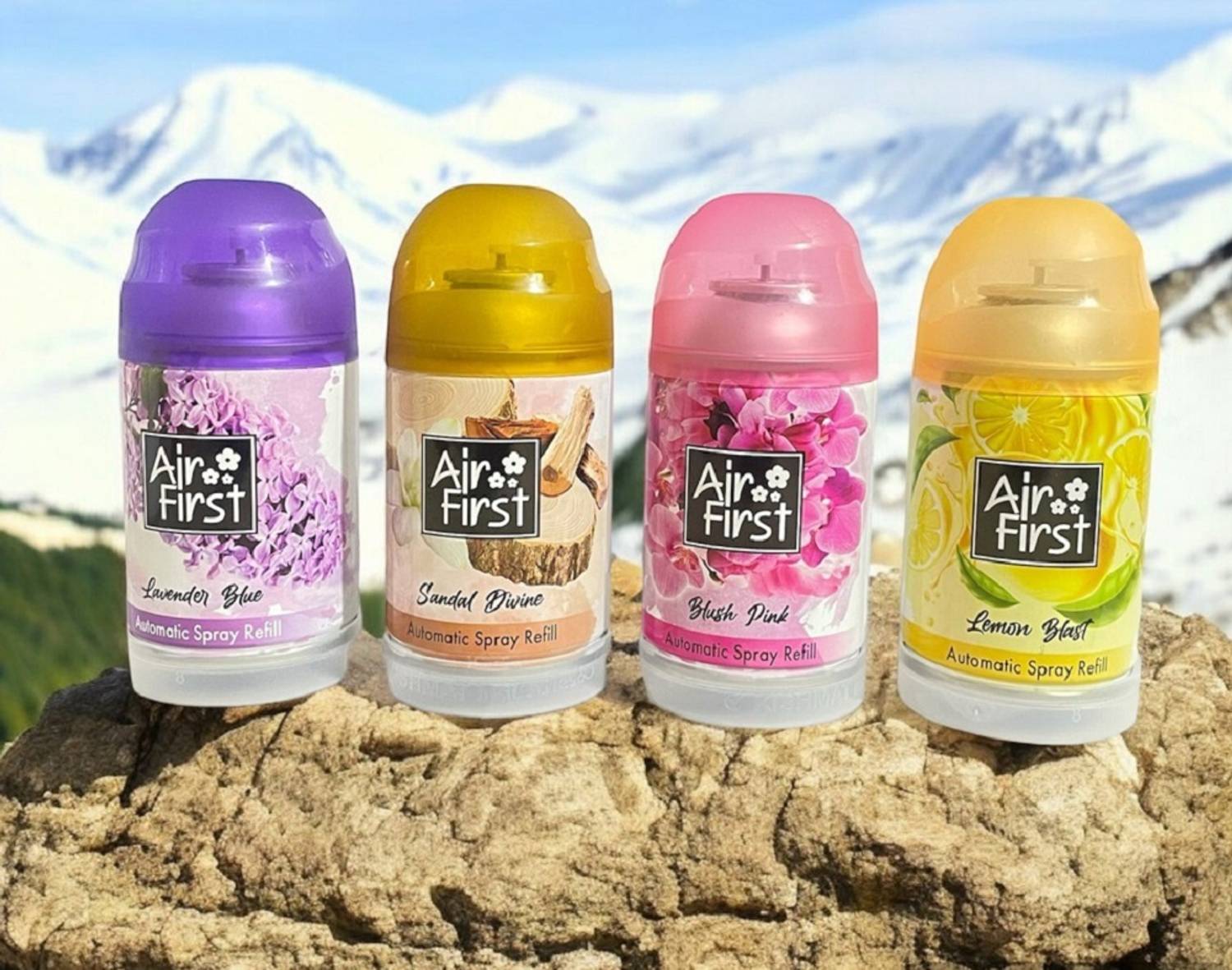 Air first LAVENDER, PINK BLUSH, SANDAL, LEMONI ORANGE Car Freshener Automatic Spray, Refill Automatic Spray Refill Combo Pack 225ML*4 Pcs. Spray (4 x 225 ml)
