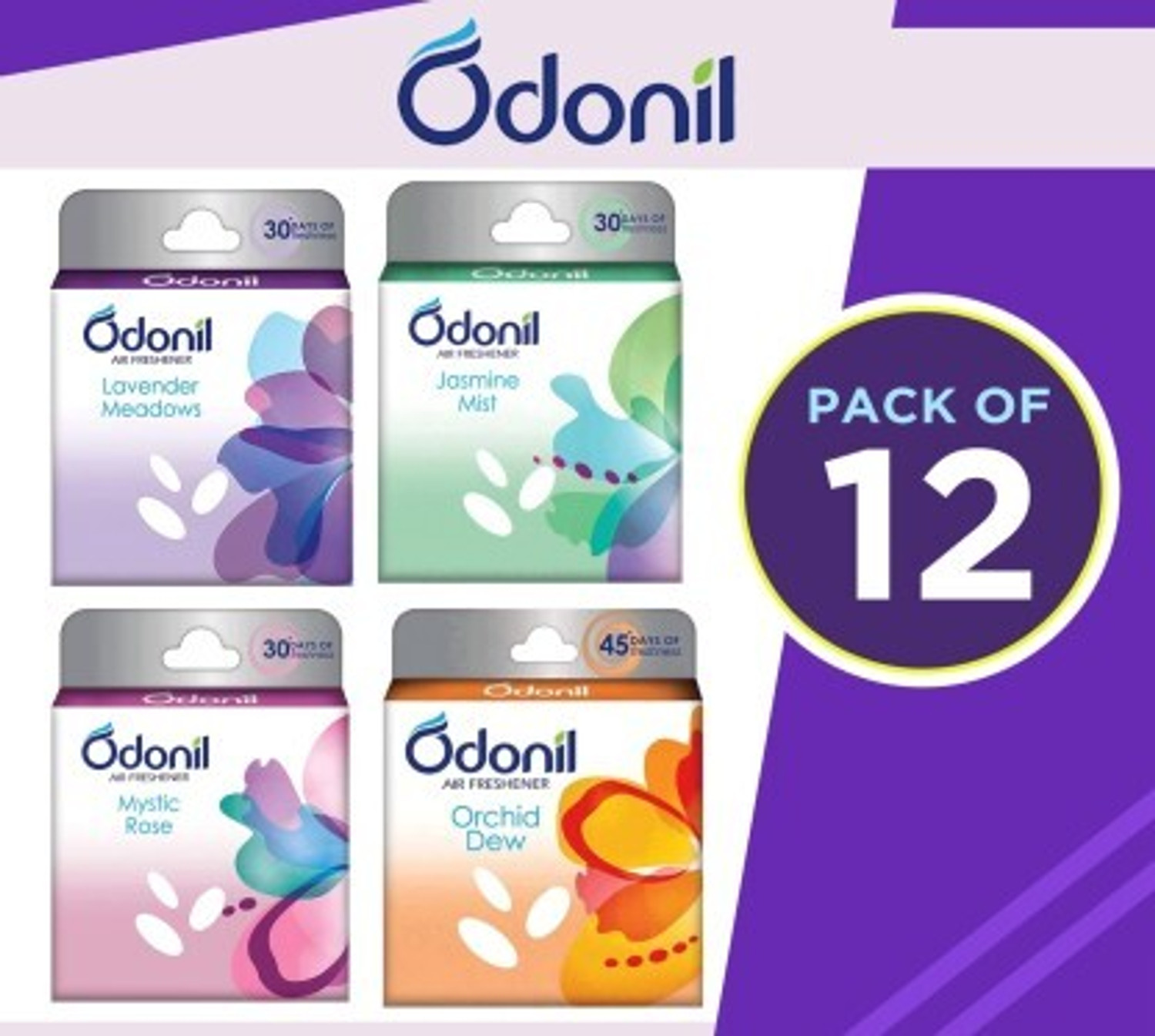 Image of Odonil LEVENDER, JESMINE, MYSTIC ROSE , ORCHID DEW Blocks Blocks LEVENDER, JESMINE, MYSTIC ROSE , ORCHID DEW Blocks Blocks (12 x 50 g)