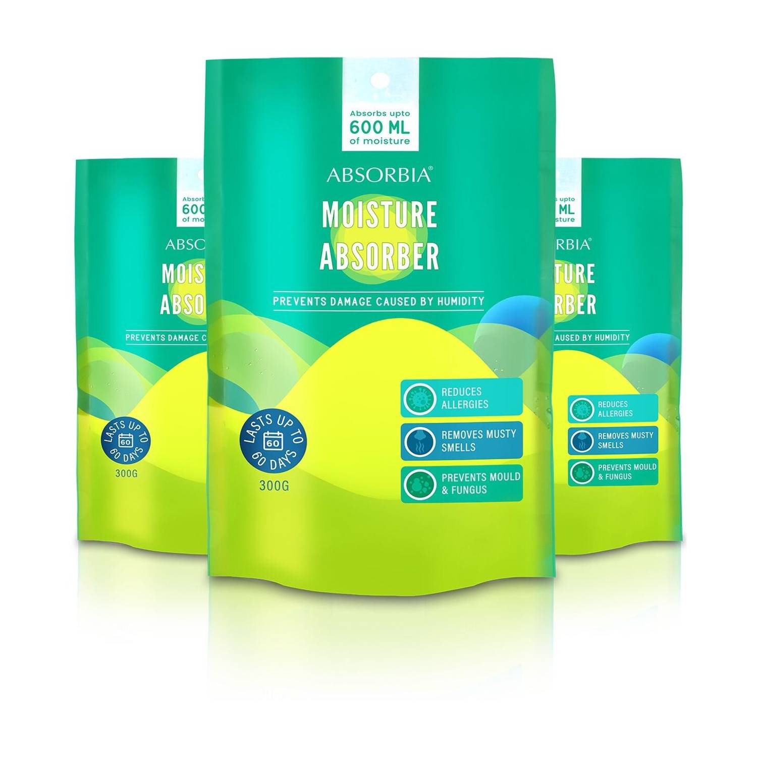 ABSORBIA Blocks Moisture Absorber | Stand up Closet Pouch - Pack of 3 (600ml Each) Absorption Capacity|Dehumidifier for Wardrobe & Cupboards | Fights Against Moisture, Mould, Fungus & Musty smells