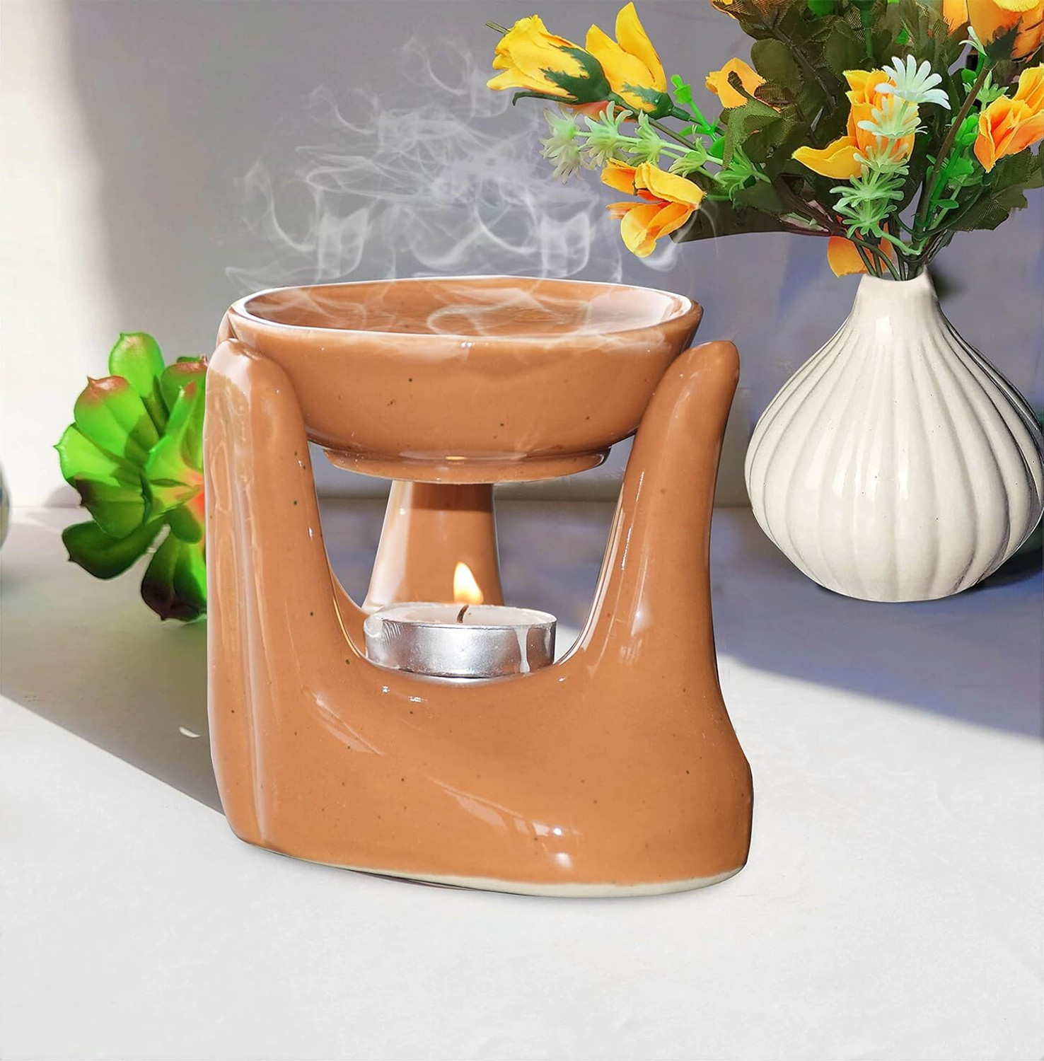Image of LANDSLIDE Ceramic Hand Type Aroma, Burner with 1 Tea Light, Candle, Orange 4.25 Inch Diffuser Set PSI-HANDTYPE-ORANGE-FC