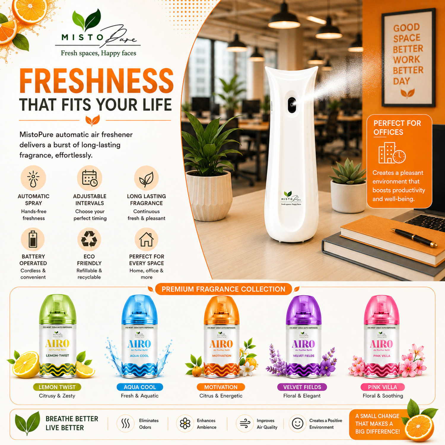 Image of mistopure Motivation Automatic Spray AIRO MATIC Air Freshener Kit (Machine + 1 Refill) - Automatic Room Freshener with Adjustable Spray Timer | Motivation | Upto 2200 Sprays | Lasts up to 60 days