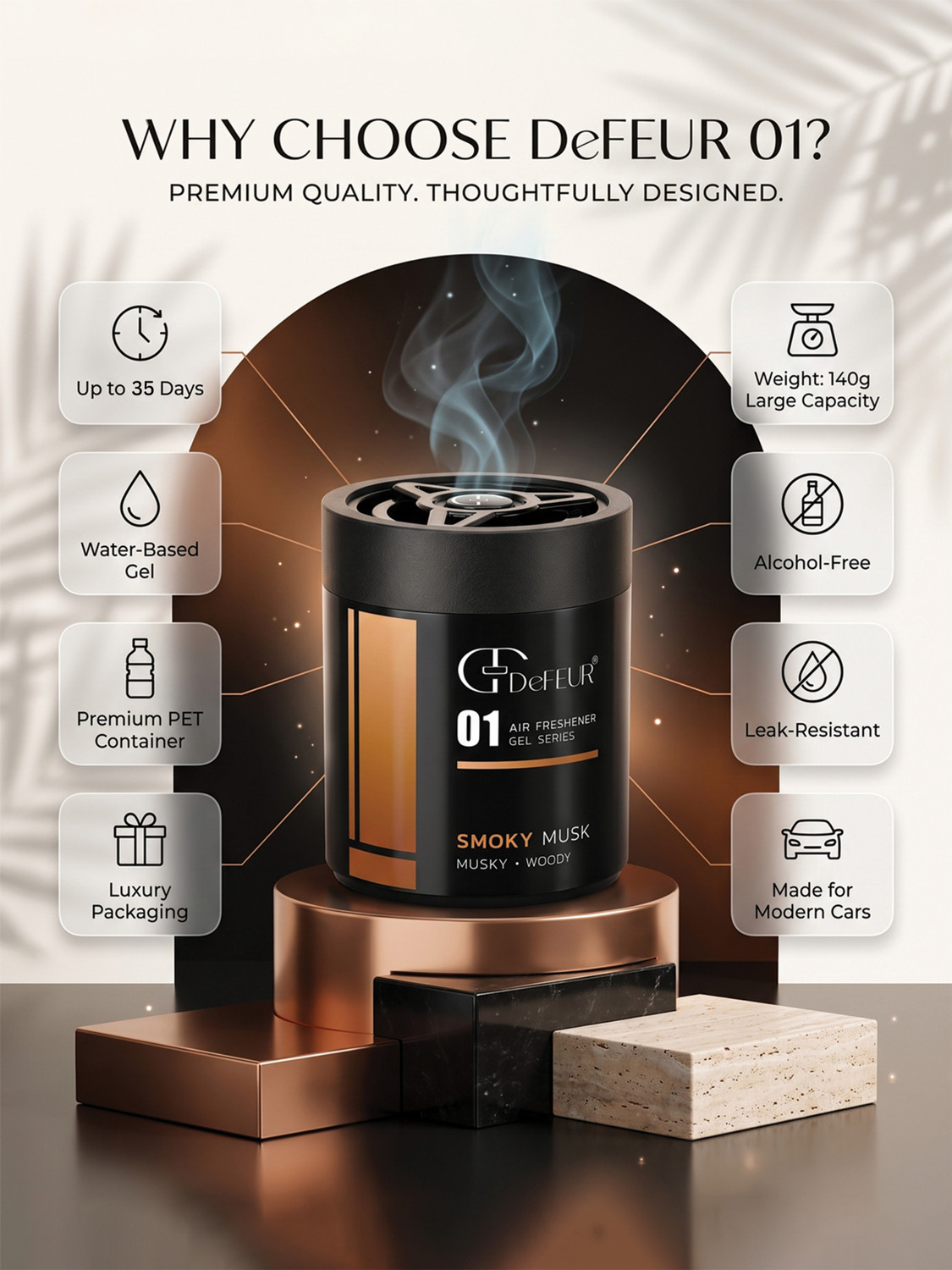 Image of DeFEUR Smoky Musk Car Perfume Gel, 120g Organic Car Freshener, Refreshing Musk Scent Car Freshener Diffuser Car Freshener Gel