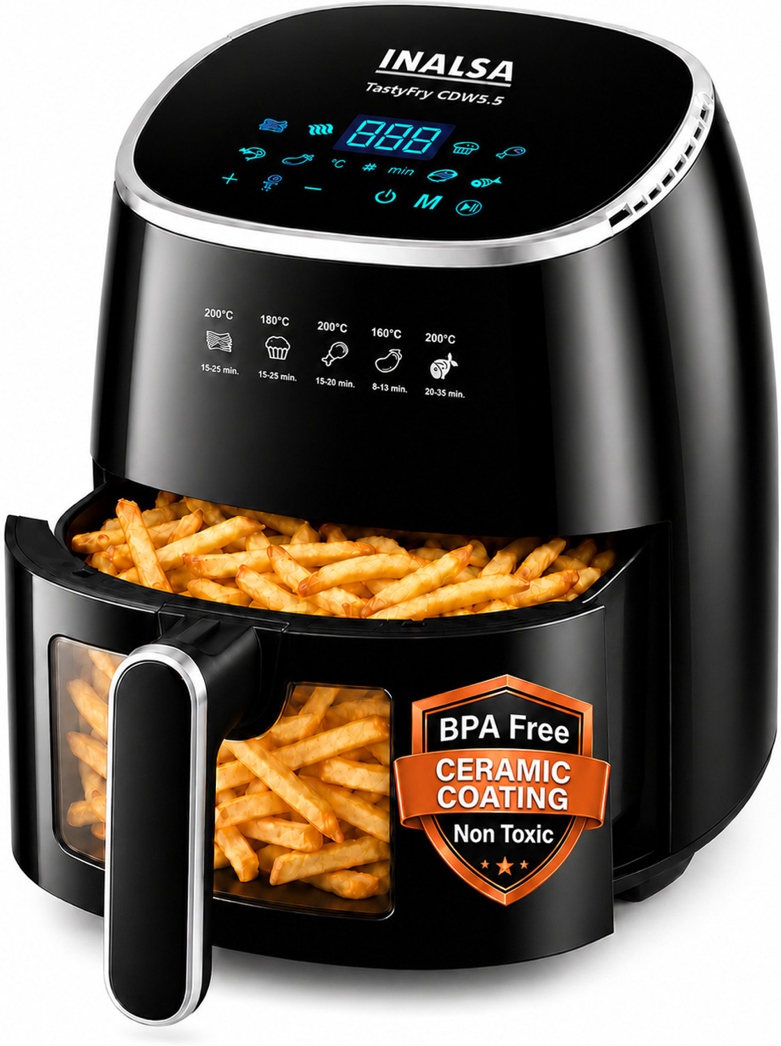 Image of Inalsa Tasty Fry CDW 5.5,1600 W,Non-Toxic Ceramic-Coated Basket ,Touch Control Air Fryer