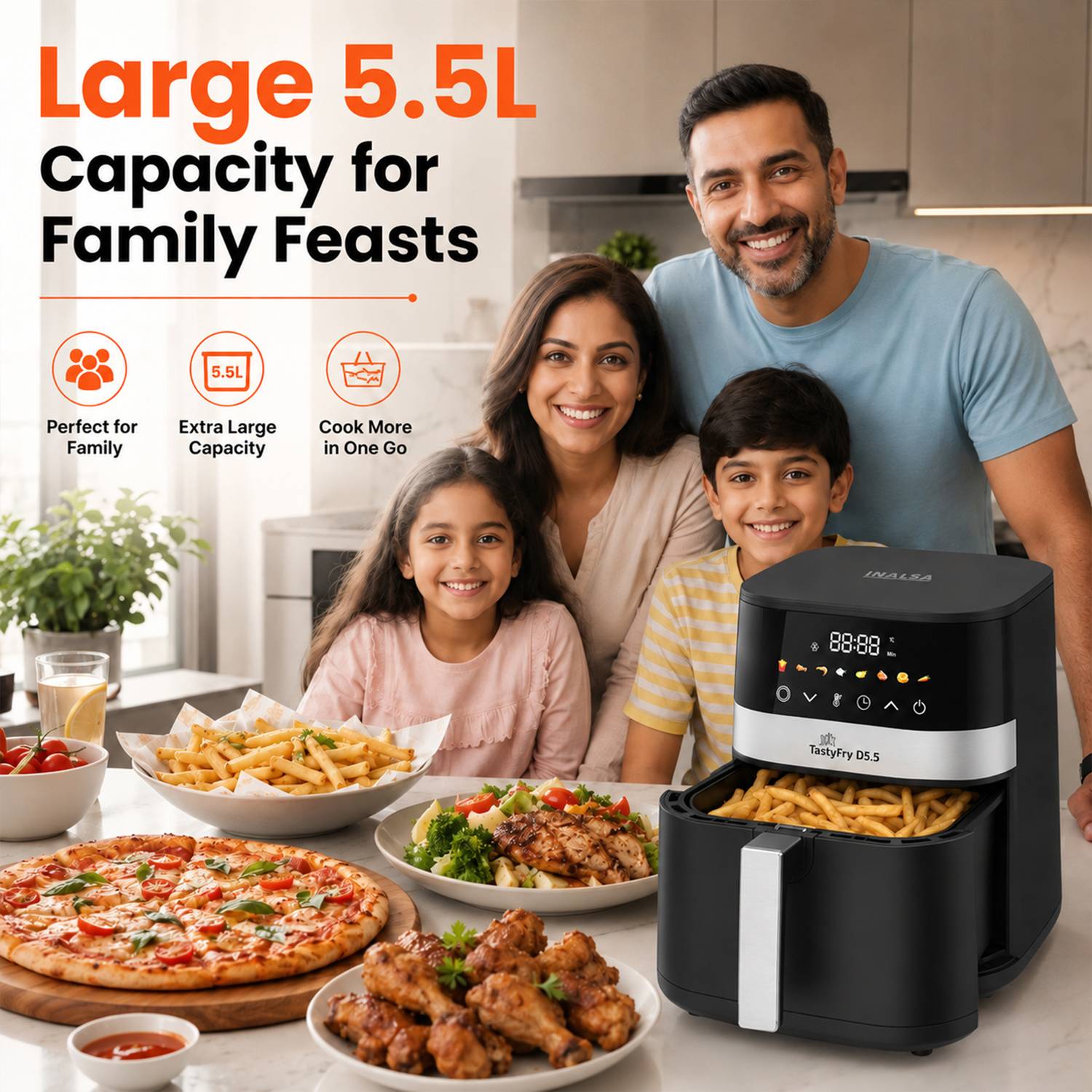 Tasty Fry D5.5 ,1400W,Air Crisp Technology,Air fry,Bake,Roast,Reheat,Dehydrate Air Fryer - Image 3