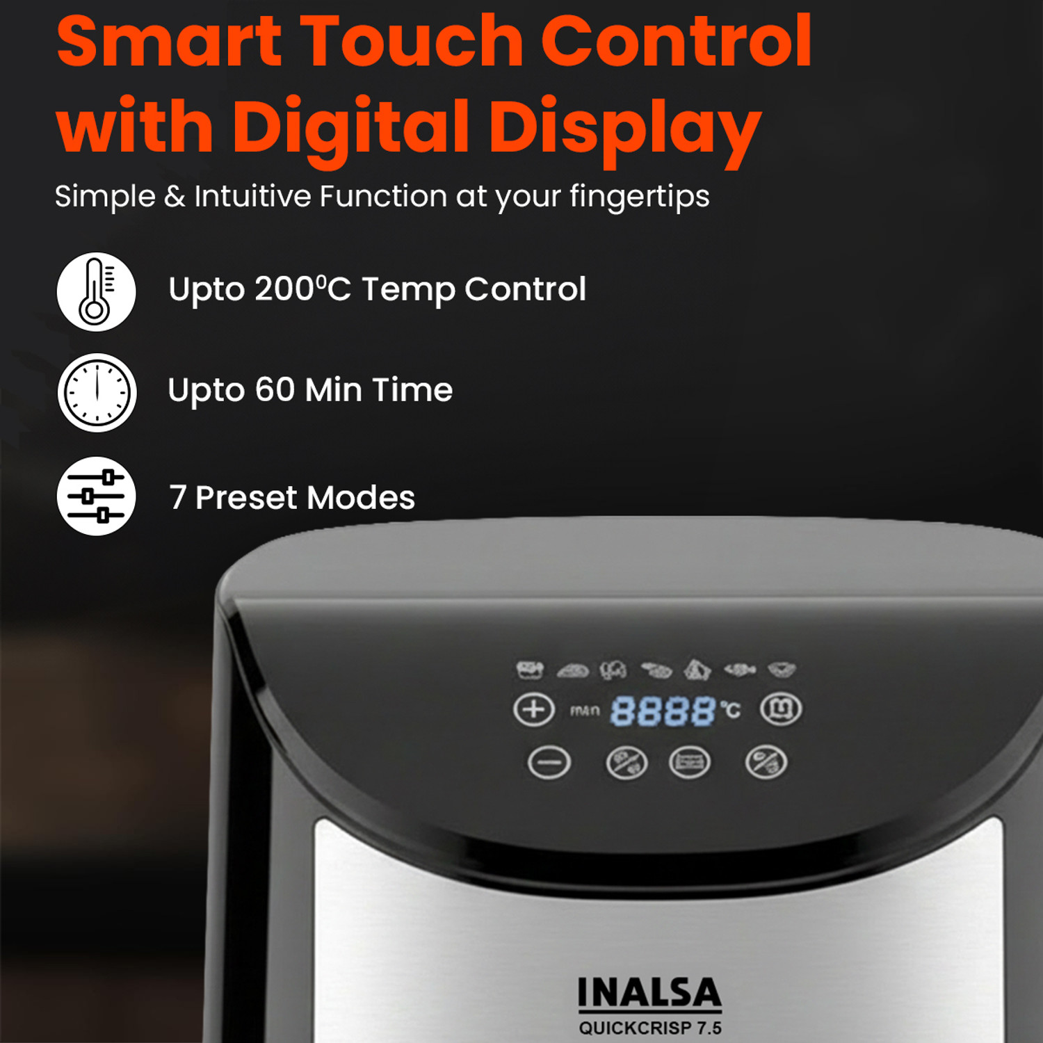 Image of Inalsa QuickCrisp7.5 ,1600W High Power,200�C Temperature Control,7 Preset Menu Air Fryer
