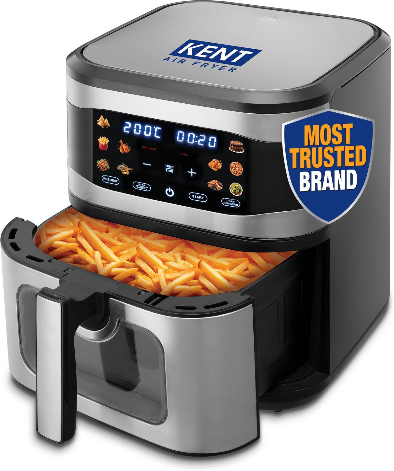 KENT Digital Air Fryer 8L | 1700W | Bake, Grill & Roast | Up to 80% Less Oil Usage | 7 Preset Menu | Digital Display & Touch Control Panel | Glass Window with in built Light | Auto Cut-Off Silver Air Fryer