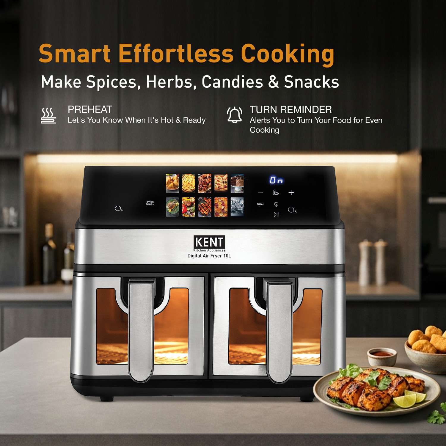 Image of KENT Digital Air Fryer 10L 2000W Up to 80% Less Oil Usage 10 Preset Menu Digital Display & Touch Control Panel Glass Window with in built Light Dual Basket for Cooking 2 Dishes Simultaneously Air Fryer