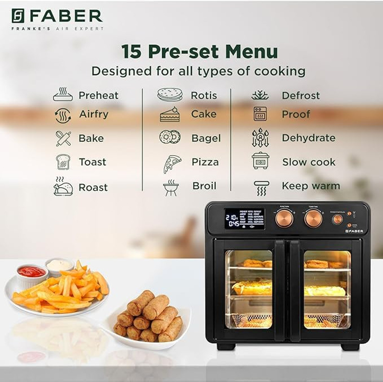 Image of FABER FAO 25L 15F BK|AirFryerOven,Bake Tray,SS Wire Tray,Basket|Digital AirFryer(25L) Air Fryer