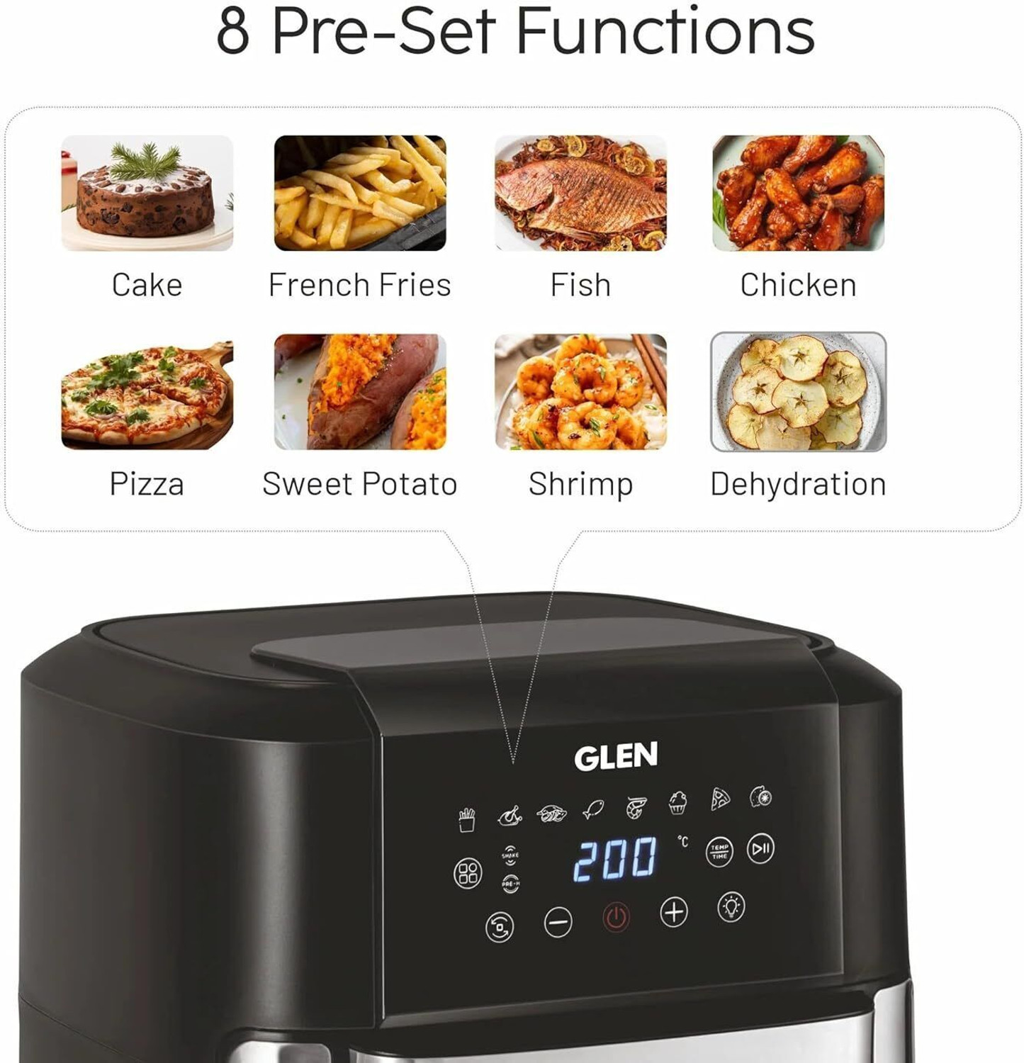 Image of Glen Digital Air Fryer 2000W 8 Pre Set Menu Time and Temperature Control Air Fryer