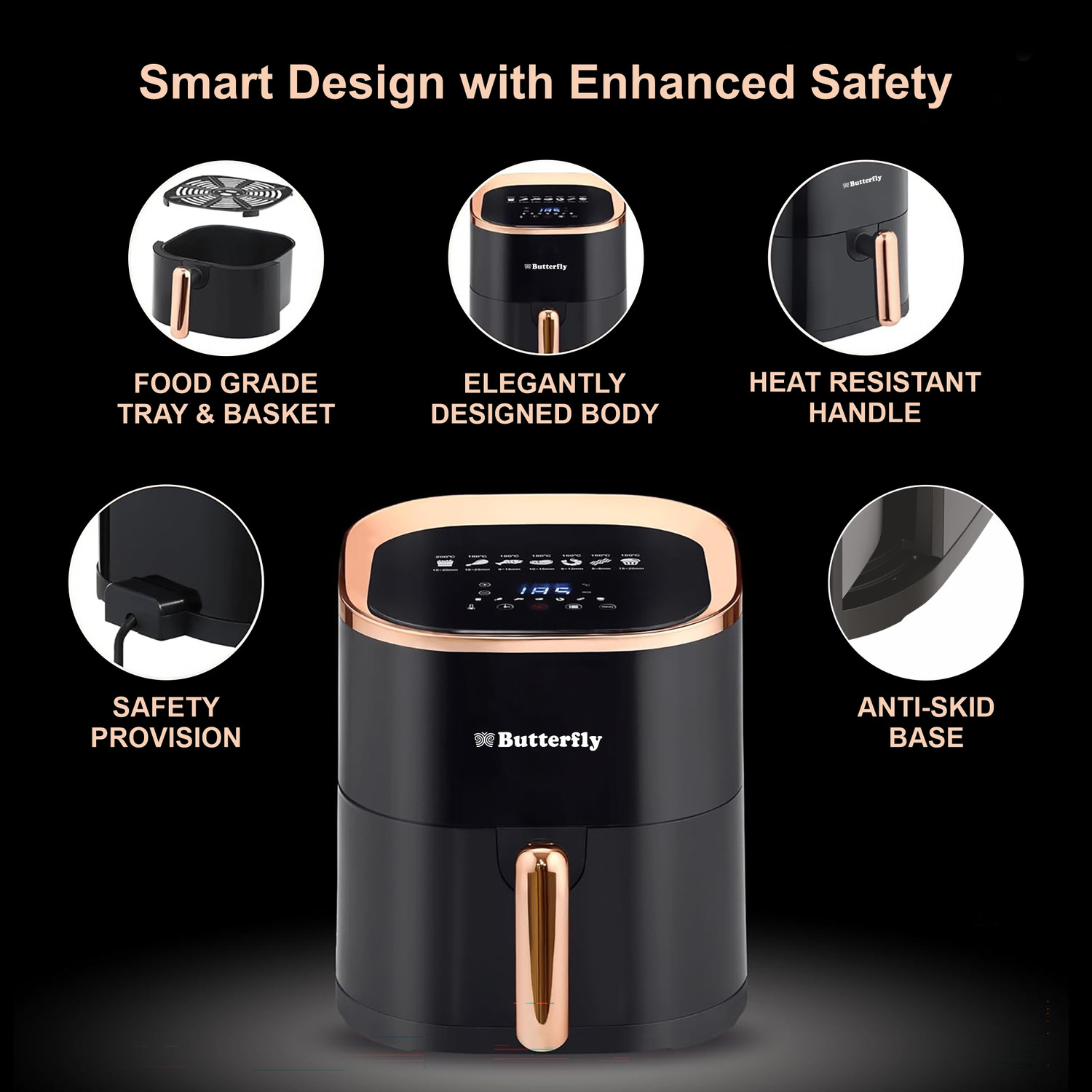 Image of Butterfly Magnum 360 Degree Uniform Heat Circulation Healthier Frying: up to 97% Less Oil Food Grade Tray & Basket Digital Display with Touch Functions Delay Time Function Automatic Shut-Off 7 Preset Menus Air Fryer