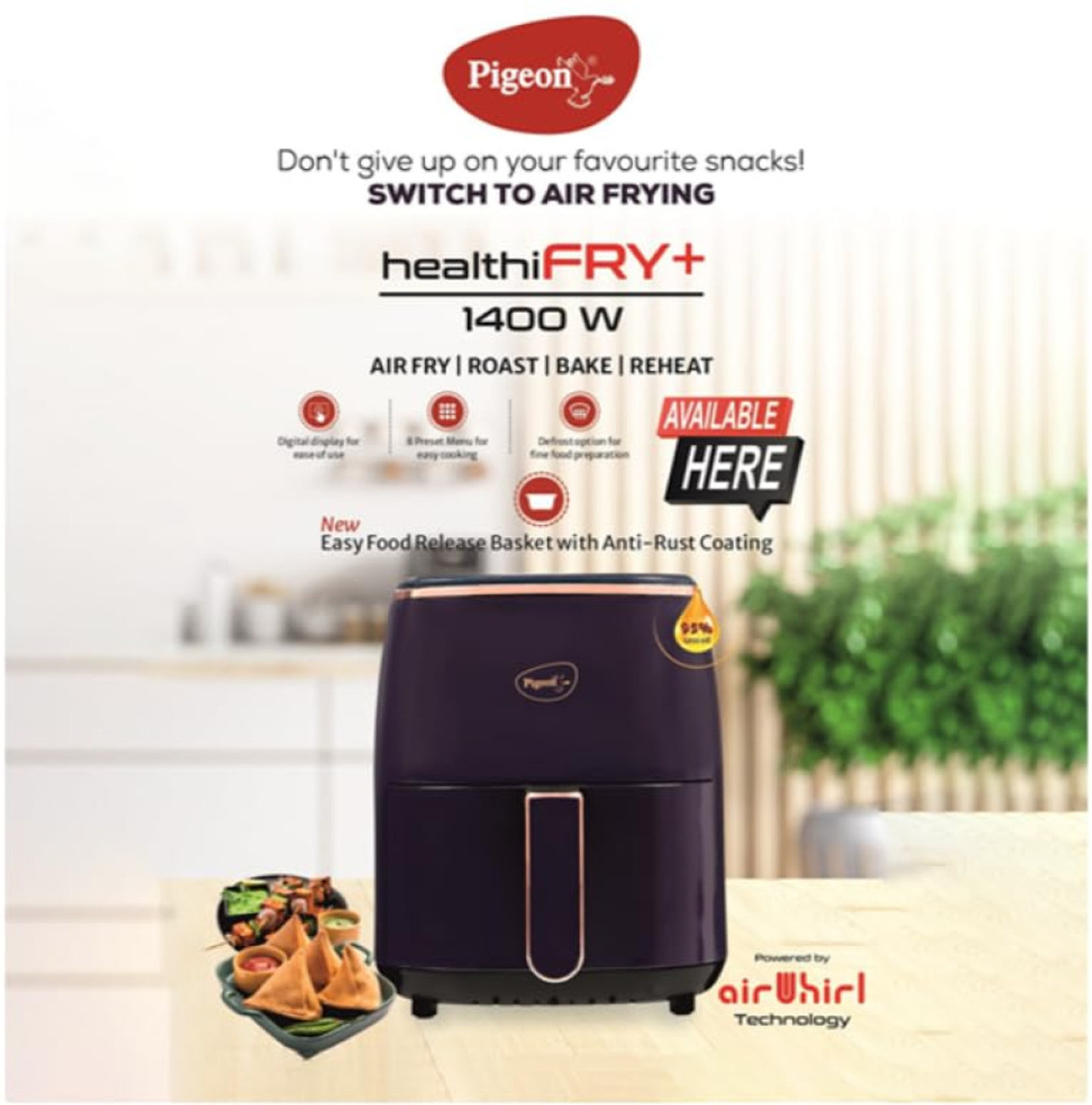 Image of Pigeon Healthifry Plus Digital Air Fryer - 1400W, 4.2L Basket Air Fryer