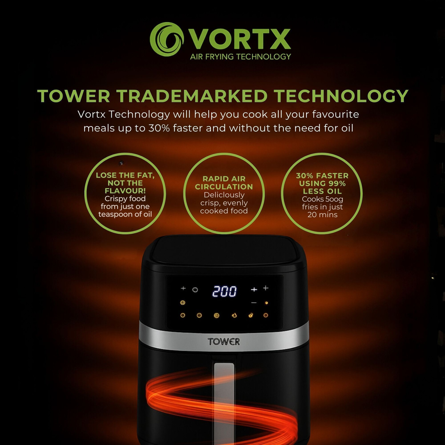 Image of Tower Vortx Digital Colour Display 4.5L | 1600W | 10 Preset Menus | Bake, Grill & Roast | Digital Touch Display | Rapid Air Circulation Technology | Glass Window with built-in Light | Adjustable Temperature & Timer | Up to 80% Less Oil Usage | Air Fryer