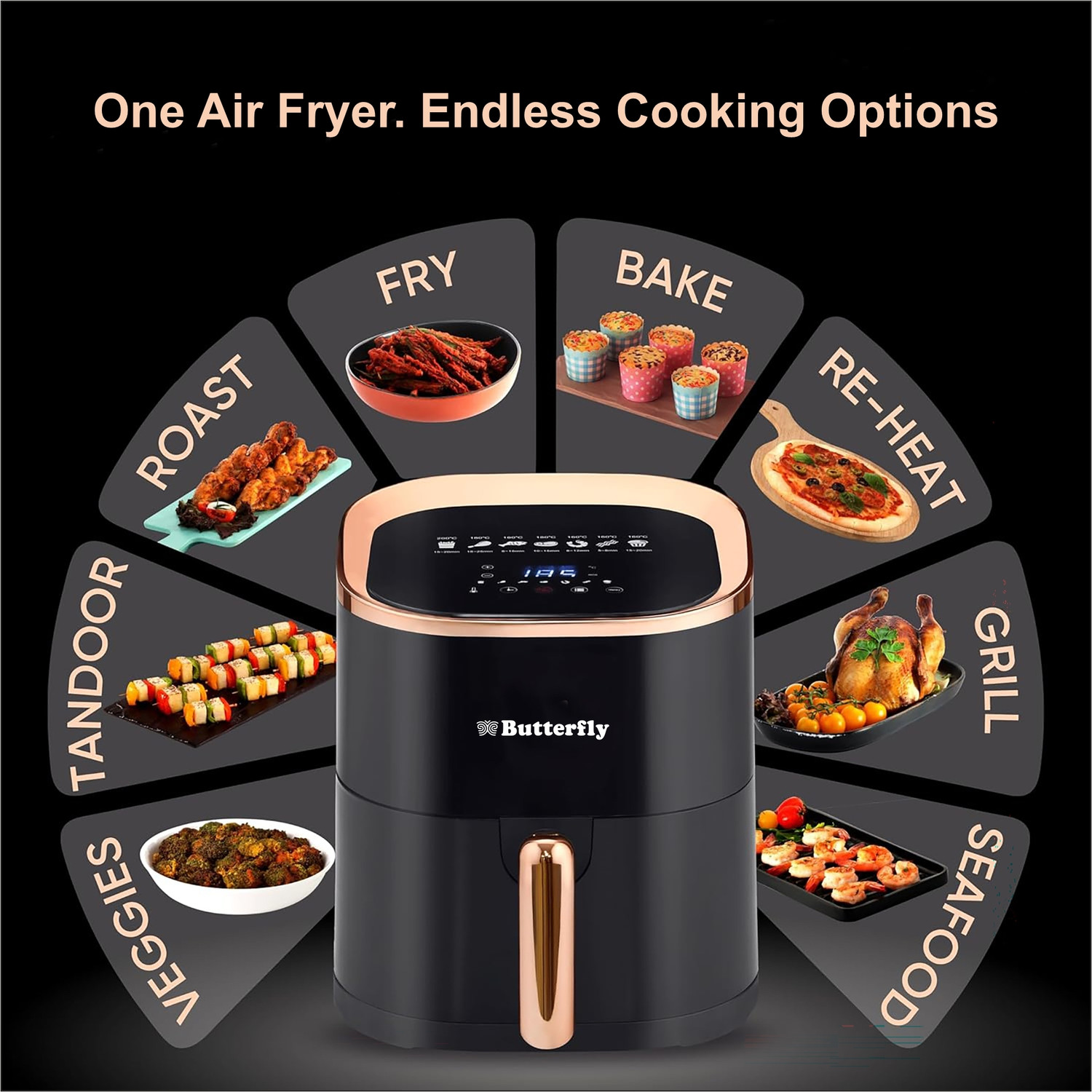 Image of Butterfly Magnum 360 Degree Uniform Heat Circulation Healthier Frying: up to 97% Less Oil Food Grade Tray & Basket Digital Display with Touch Functions Delay Time Function Automatic Shut-Off 7 Preset Menus Air Fryer