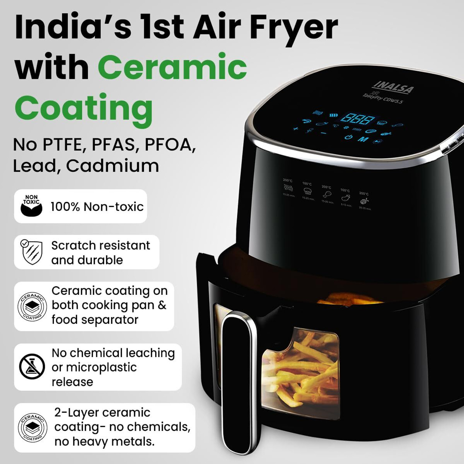 Image of Inalsa Tasty Fry CDW 5.5,1600 W,Non-Toxic Ceramic-Coated Basket ,Touch Control Air Fryer
