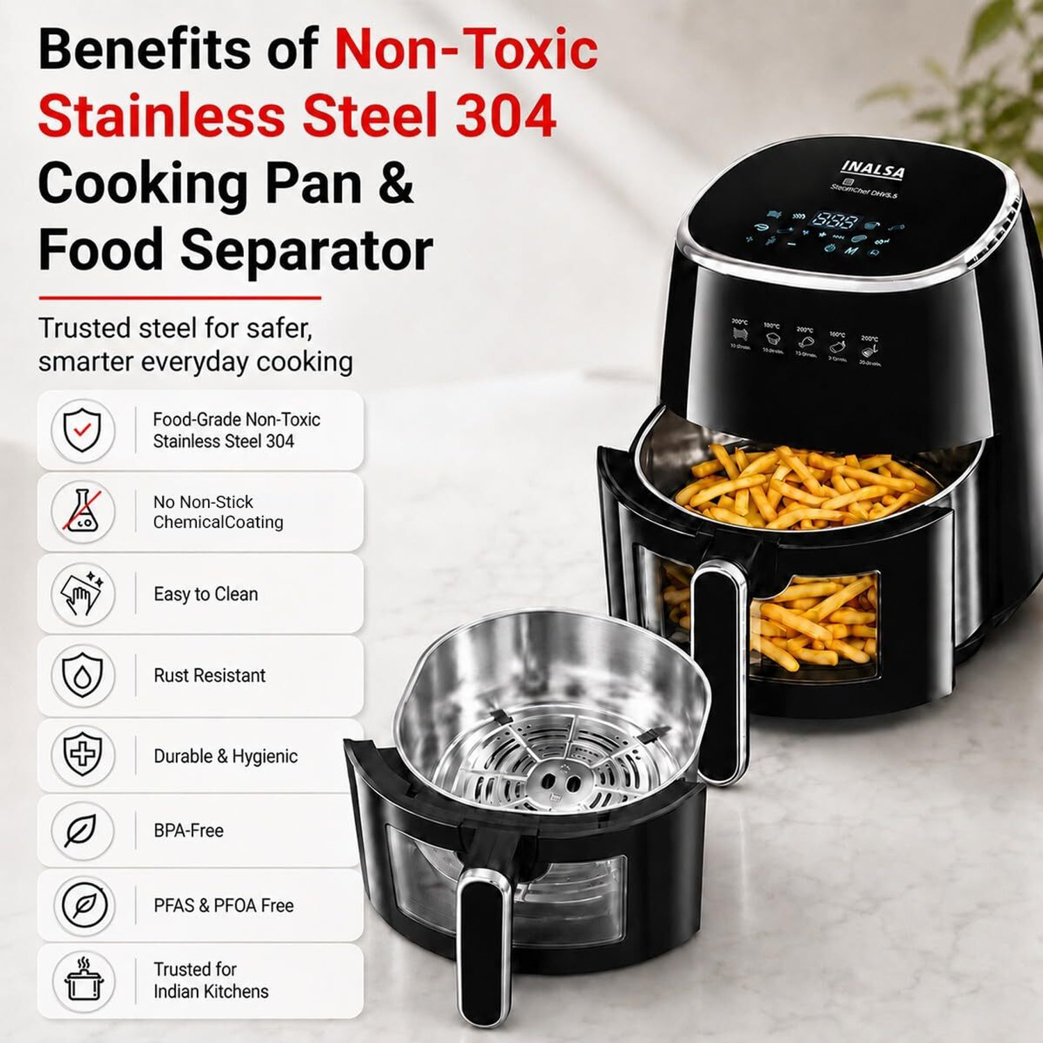 Image of Inalsa Digital,SteelChef DW5.5,1600W,8-Smart Presets,Stainless Steel,Non Toxic oil free Air Fryer