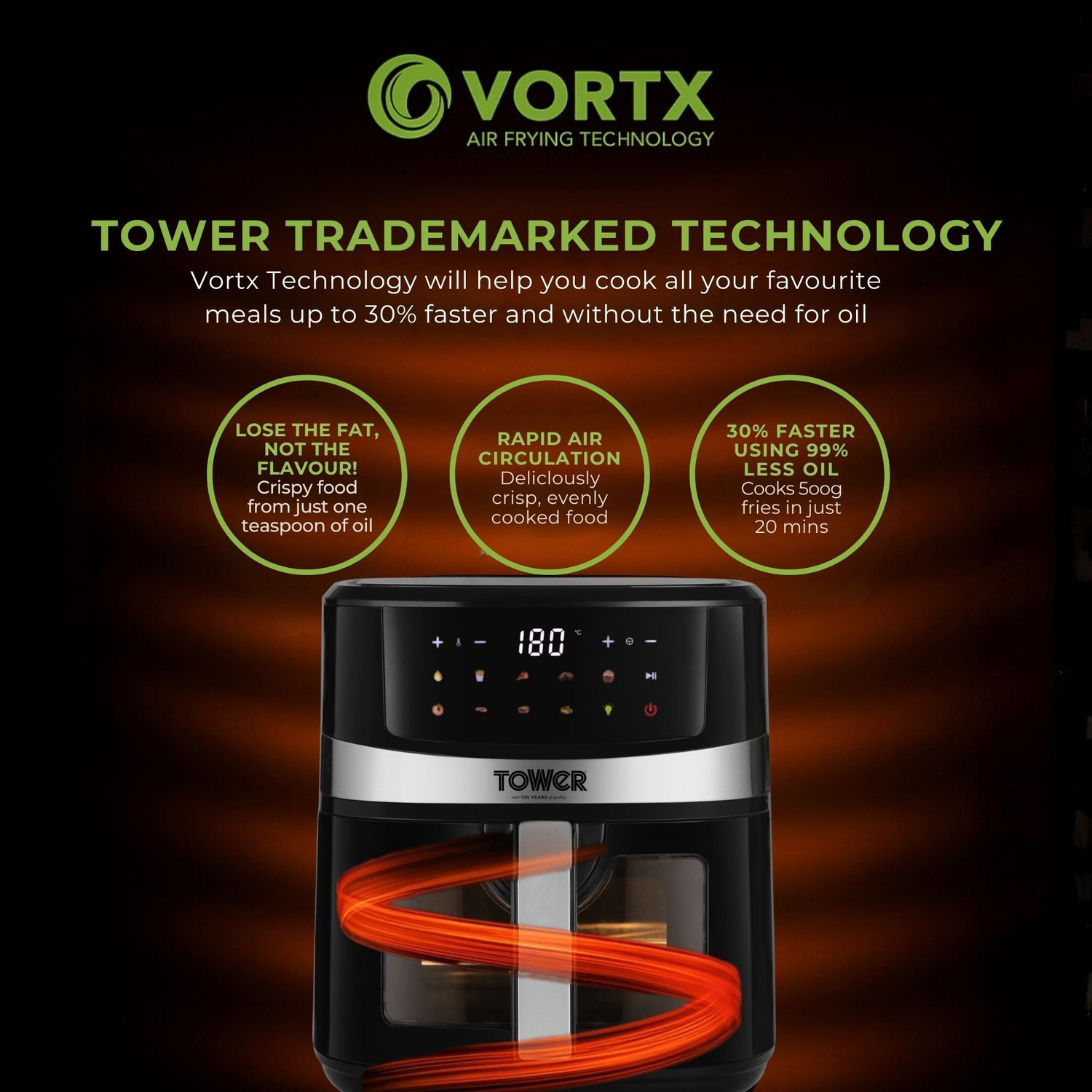 Image of Tower Vortx Digital Vision 6.3L | 1600W | 9 Preset Menus | Bake, Grill & Roast | Digital Touch Display | Rapid Air Circulation Technology | Glass Window with built-in Light | Adjustable Temperature & Timer | Up to 80% Less Oil Usage | Air Fryer