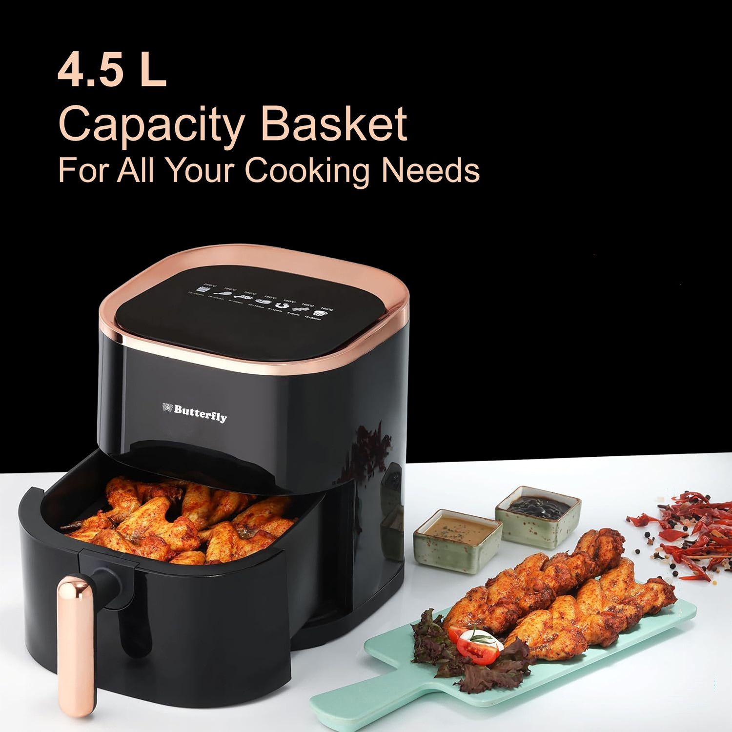 Image of Butterfly Magnum 360 Degree Uniform Heat Circulation Healthier Frying: up to 97% Less Oil Food Grade Tray & Basket Digital Display with Touch Functions Delay Time Function Automatic Shut-Off 7 Preset Menus Air Fryer