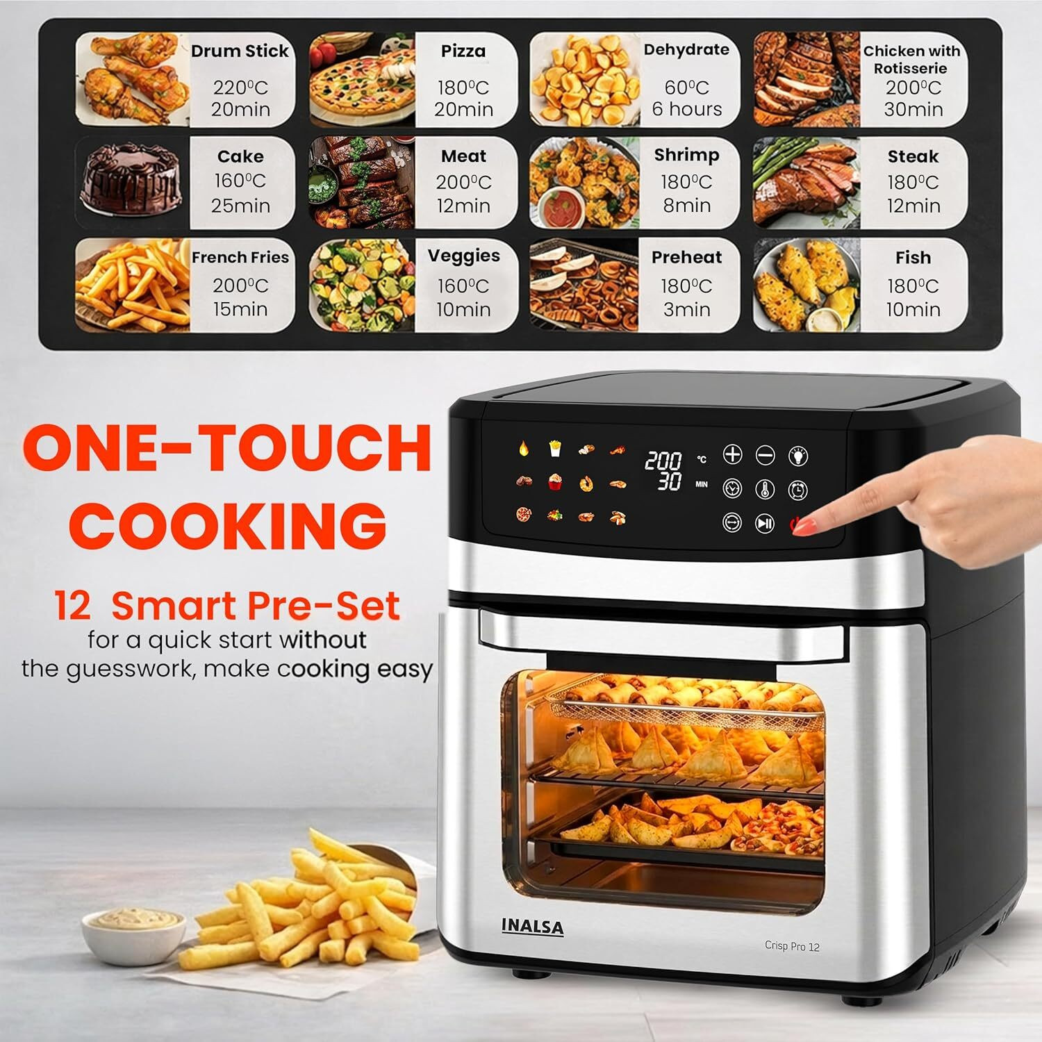 Image of Inalsa Crisp Pro 12 Air Fryer Oven|12L|1700W|Rotisserie&Convection|Fry,Bake,Grill,OTG Air Fryer