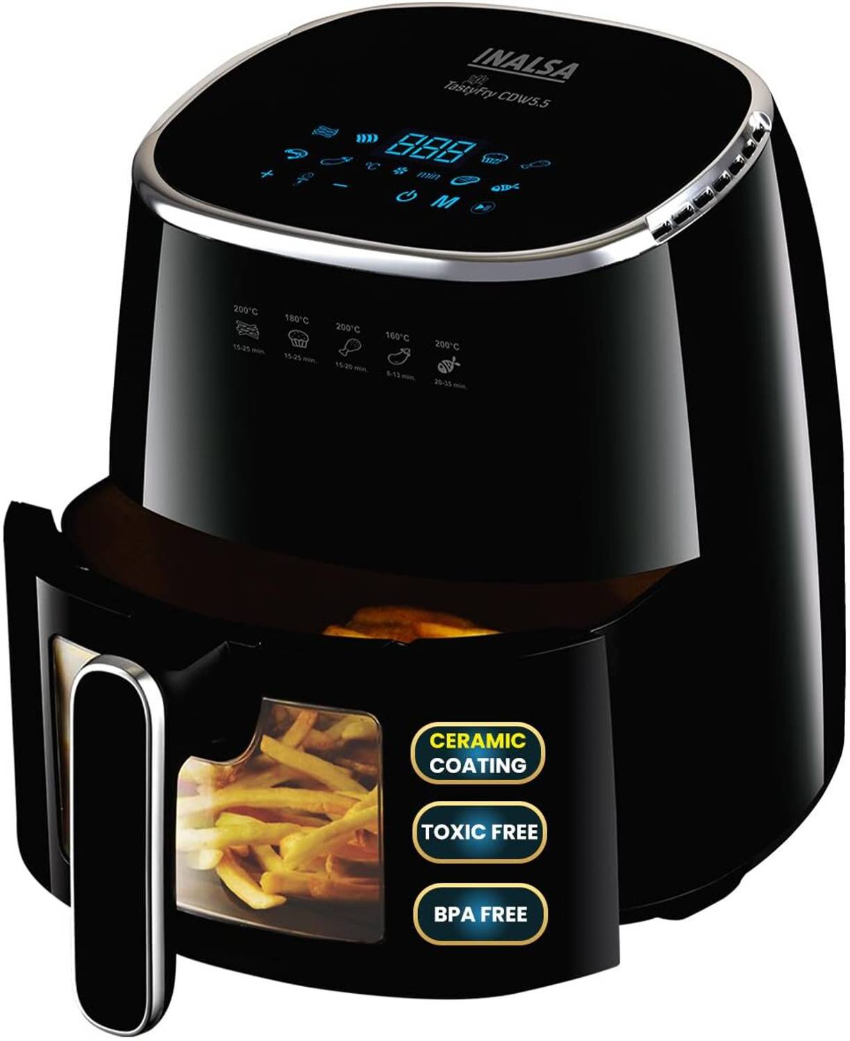 Inalsa Ceramic Coated Air fryer 5.5 L,1600 W,clear Window,Digital Touch Panel,8 Presets Air Fryer — Air Fryers