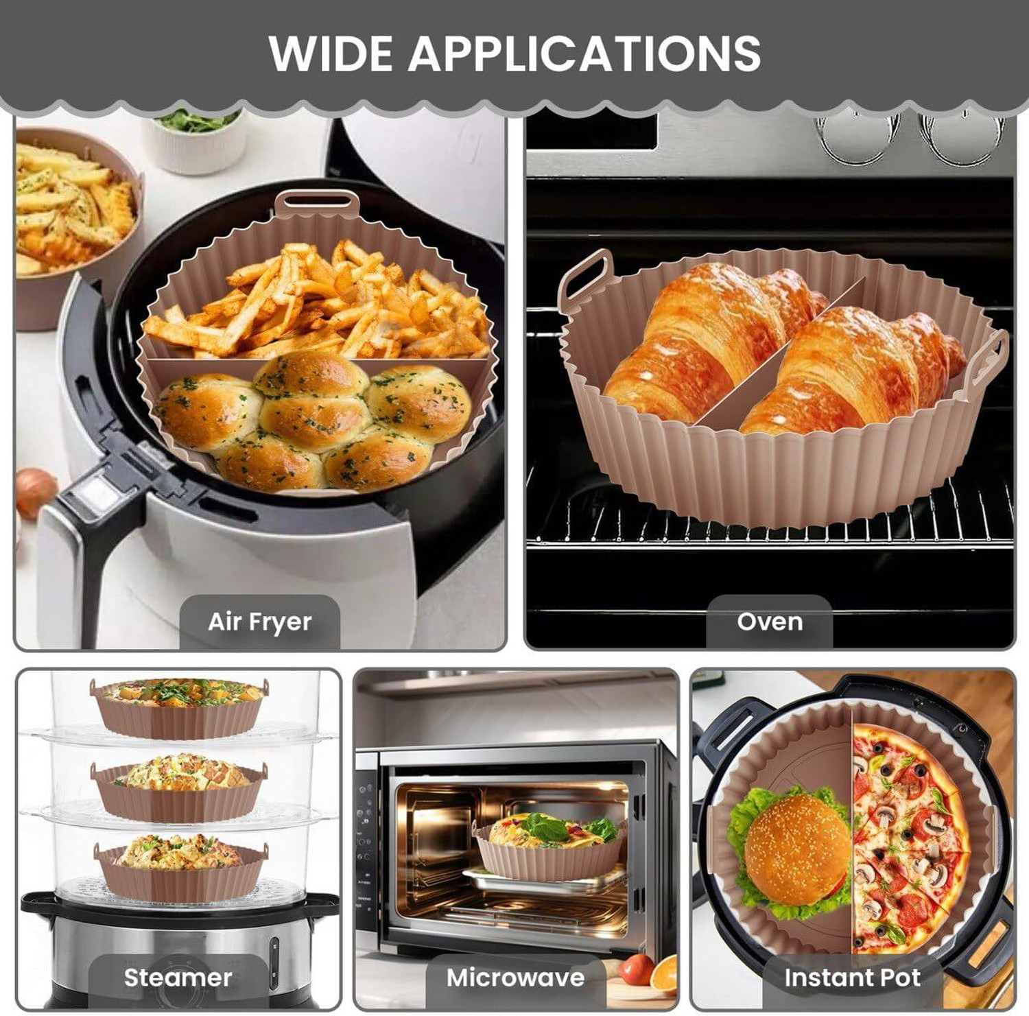 Image of TRUJVE 2p Air Fryer Liner Round Silicone Basket Baking Tray Pot with Divider Ear Handle Air Fryer