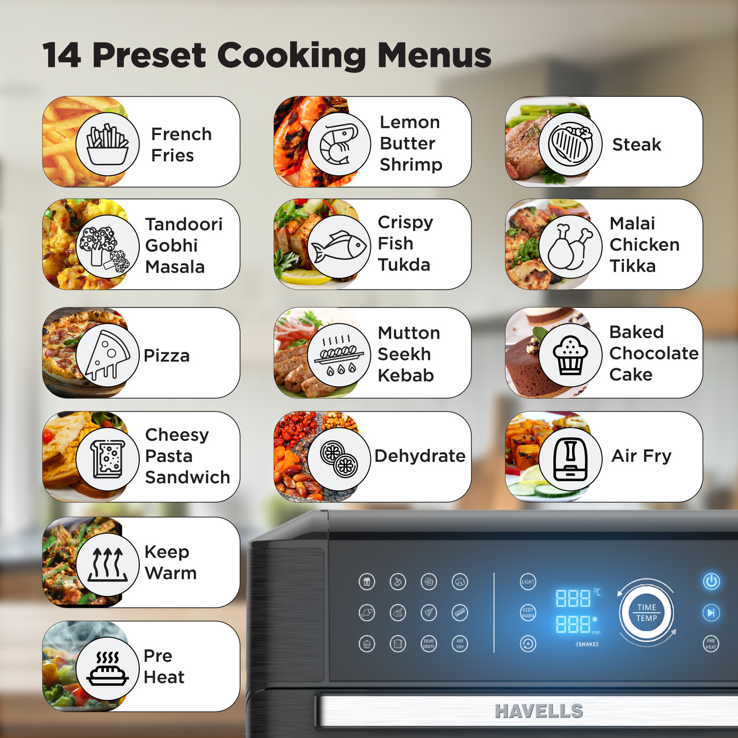 Image of Havells India GHCAFEFK170 Digital Touch Control14 Pre-SetsAerocrisp TechnologyIncludes Skewer Set,Rotisserie Fork,Mesh,Baking Tray Air Fryer