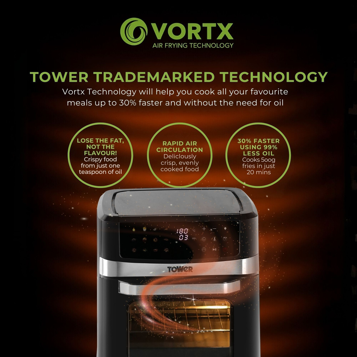 Image of Tower Vortx 12L | 1600W | 12 Preset Menus | Bake, Grill & Roast | Digital Touch Display | Rapid Air Circulation Technology | Glass Window with built-in Light | Adjustable Temperature & Timer | Up to 80% Less Oil Usage | Air Fryer