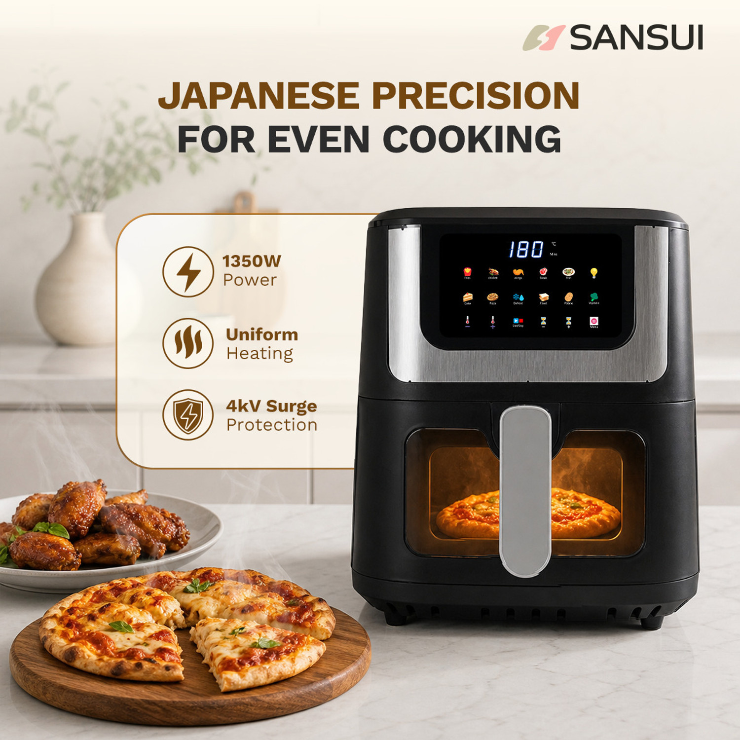 Image of Sansui Kurkura Magic With 85% Less Oil Consumption, Digital Touchscreen with Color Display, 4kV Surge Protection Air Fryer