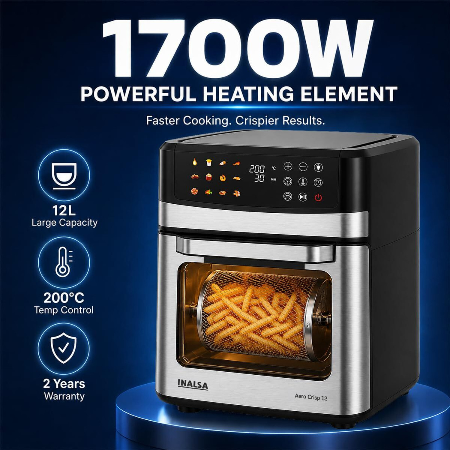 Image of Inalsa Aero Crisp 12,1700W,Stainless Steel Body 12-in-1 Functions Oven,Fry,Bake,Grill,Dehydrate&Reheat|12 Preset|Rotisserie&Convection|Dishwasher Safe Accessories,2Yr Warranty Air Fryer