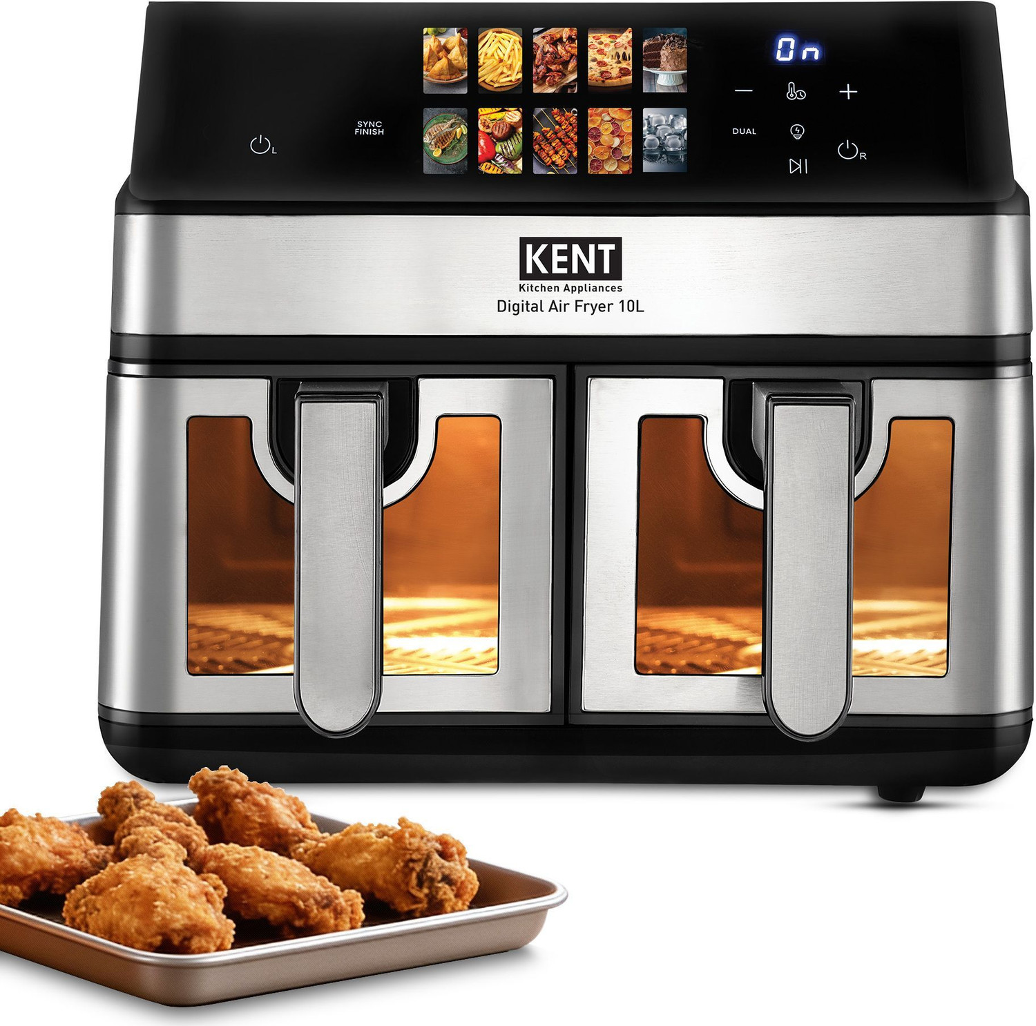 Image of KENT Digital Air Fryer 10L 2000W Up to 80% Less Oil Usage 10 Preset Menu Digital Display & Touch Control Panel Glass Window with in built Light Dual Basket for Cooking 2 Dishes Simultaneously Air Fryer