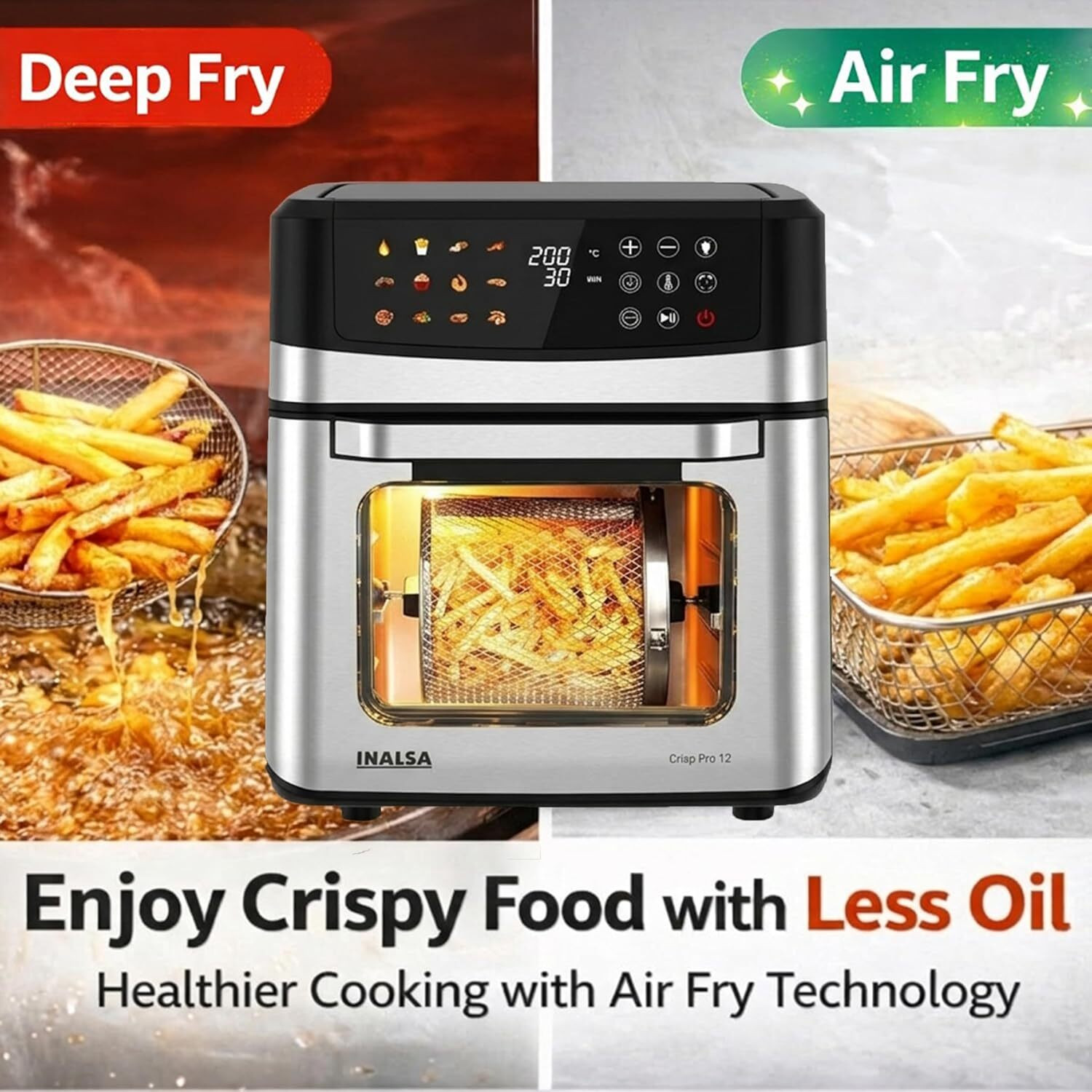 Image of Inalsa Crisp Pro 12 Air Fryer Oven|12L|1700W|Rotisserie&Convection|Fry,Bake,Grill,OTG Air Fryer
