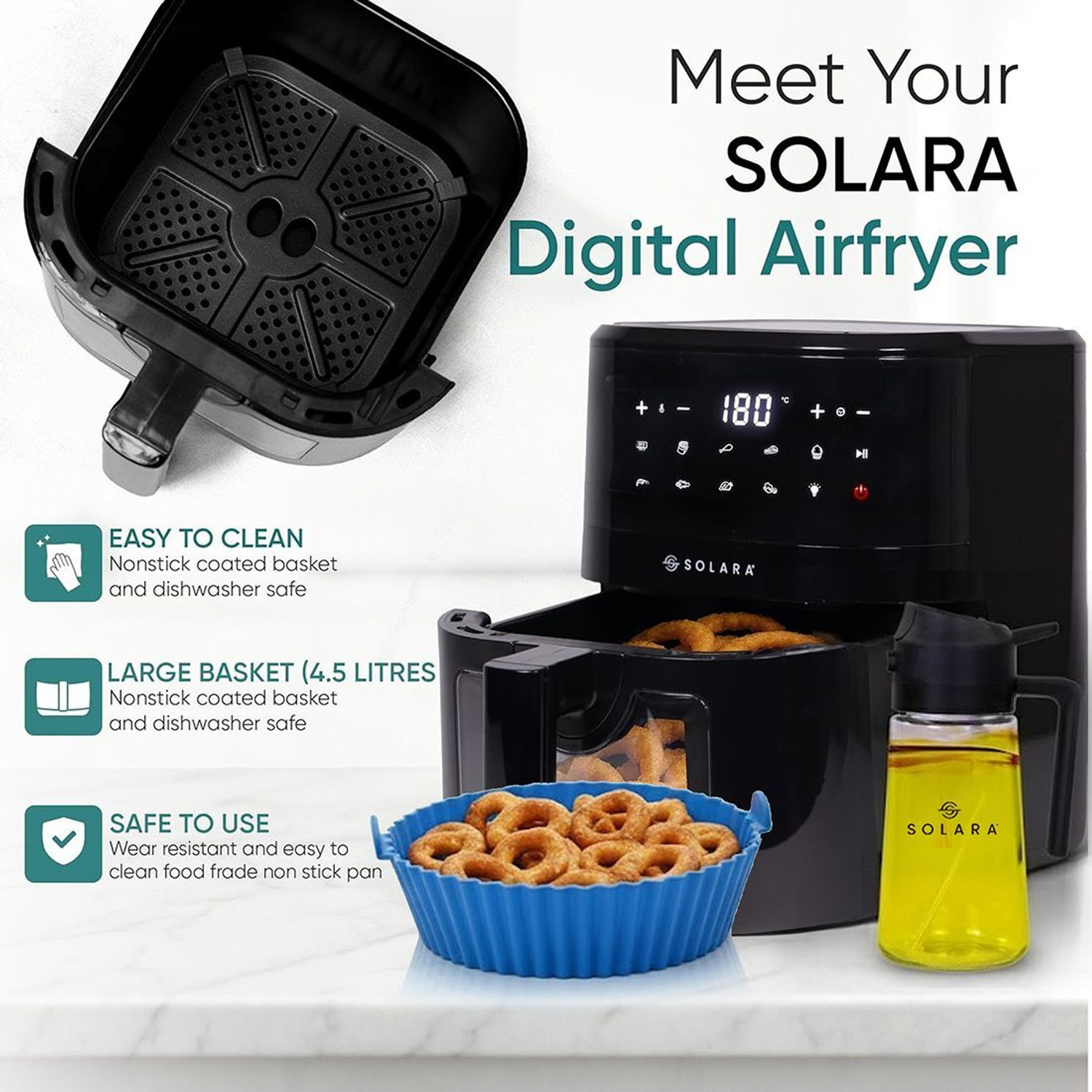 Image of Solara Air Fryer 4.5L with 500ml 2-in-1 Glass Oil Sprayer, Set of 6 Silicone Basket, 360 High Speed Air Circulation, Air Fryer
