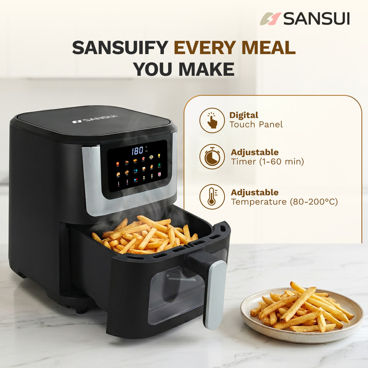 Image of Sansui Kurkura Magic With 85% Less Oil Consumption, Digital Touchscreen with Color Display, 4kV Surge Protection Air Fryer