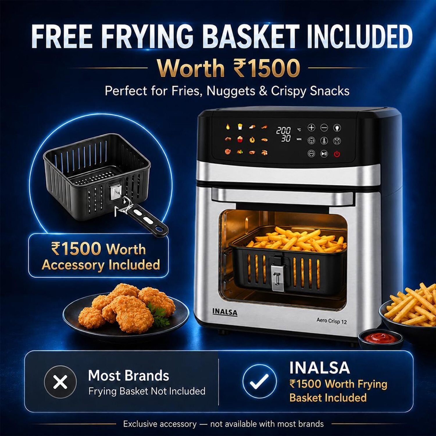 Image of Inalsa Aero Crisp 12,1700W,Stainless Steel Body 12-in-1 Functions Oven,Fry,Bake,Grill,Dehydrate&Reheat|12 Preset|Rotisserie&Convection|Dishwasher Safe Accessories,2Yr Warranty Air Fryer