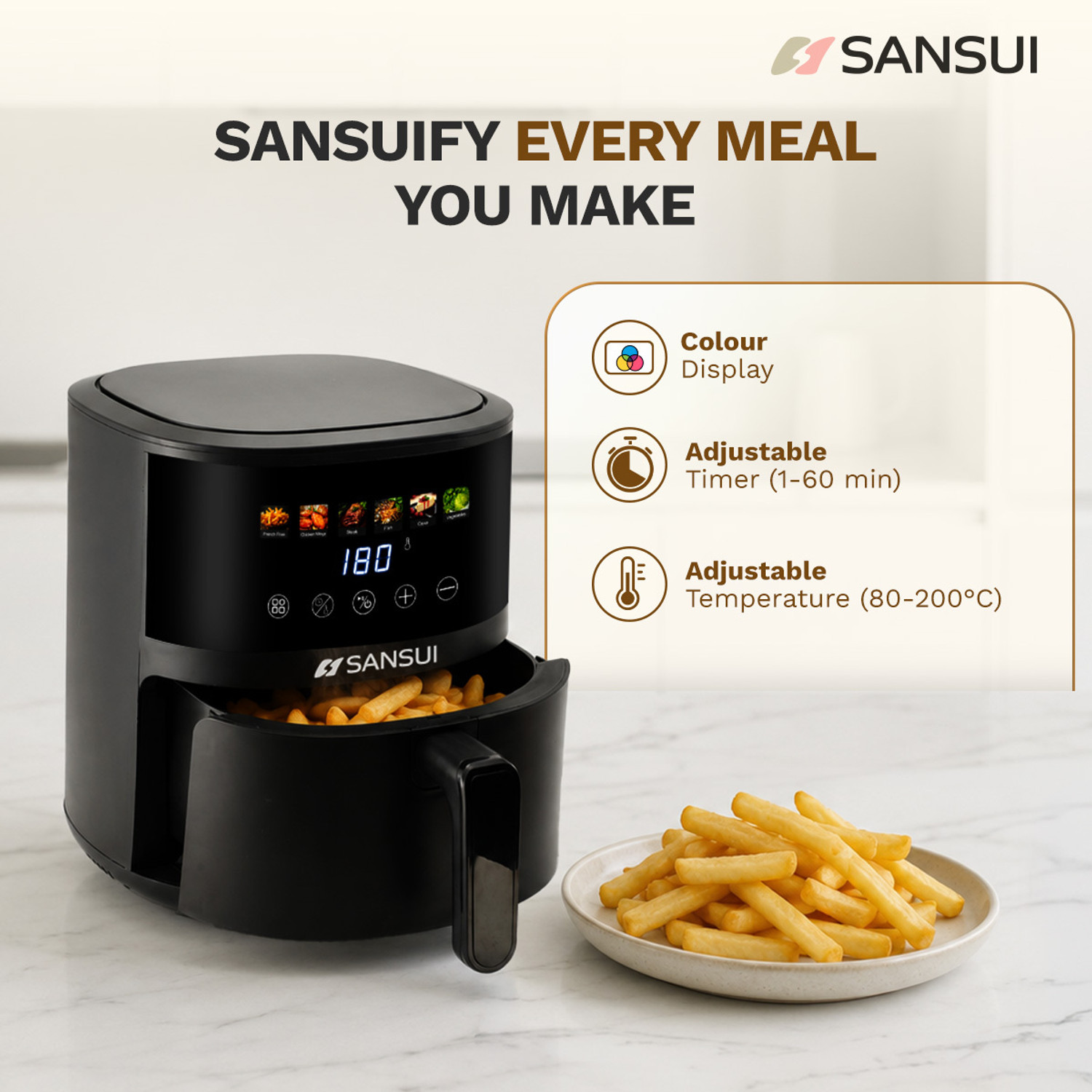 Image of Sansui Kurkura Magic 5L With 85% Less Oil Consumption, Digital Touchscreen with Color Display, Non-Stick Basket Air Fryer